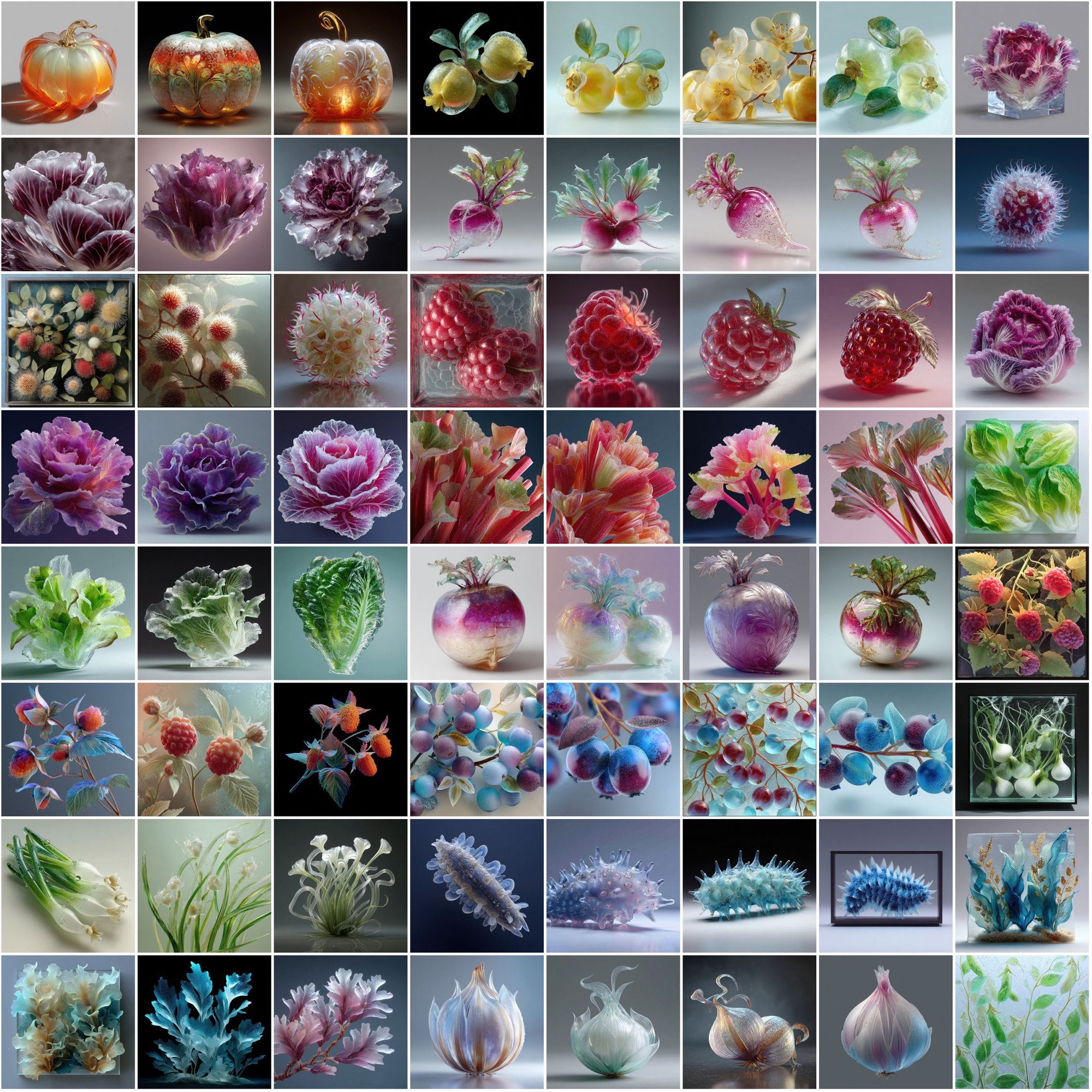 600 Frosted Glass Fruits & Veggies – High-Res JPGs for Design, Decor & Print