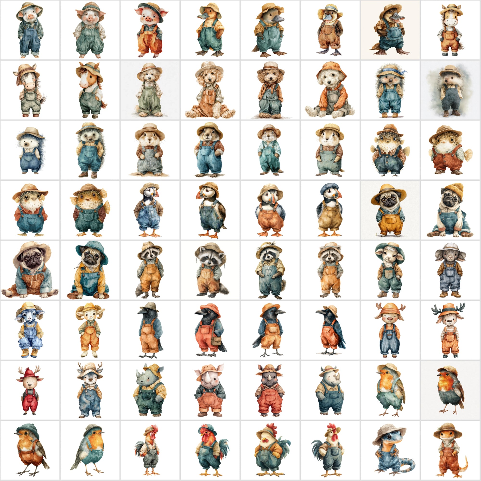 650 Cute Watercolor Animal Clipart – Adorable Animals in Corduroy Overalls & Hats