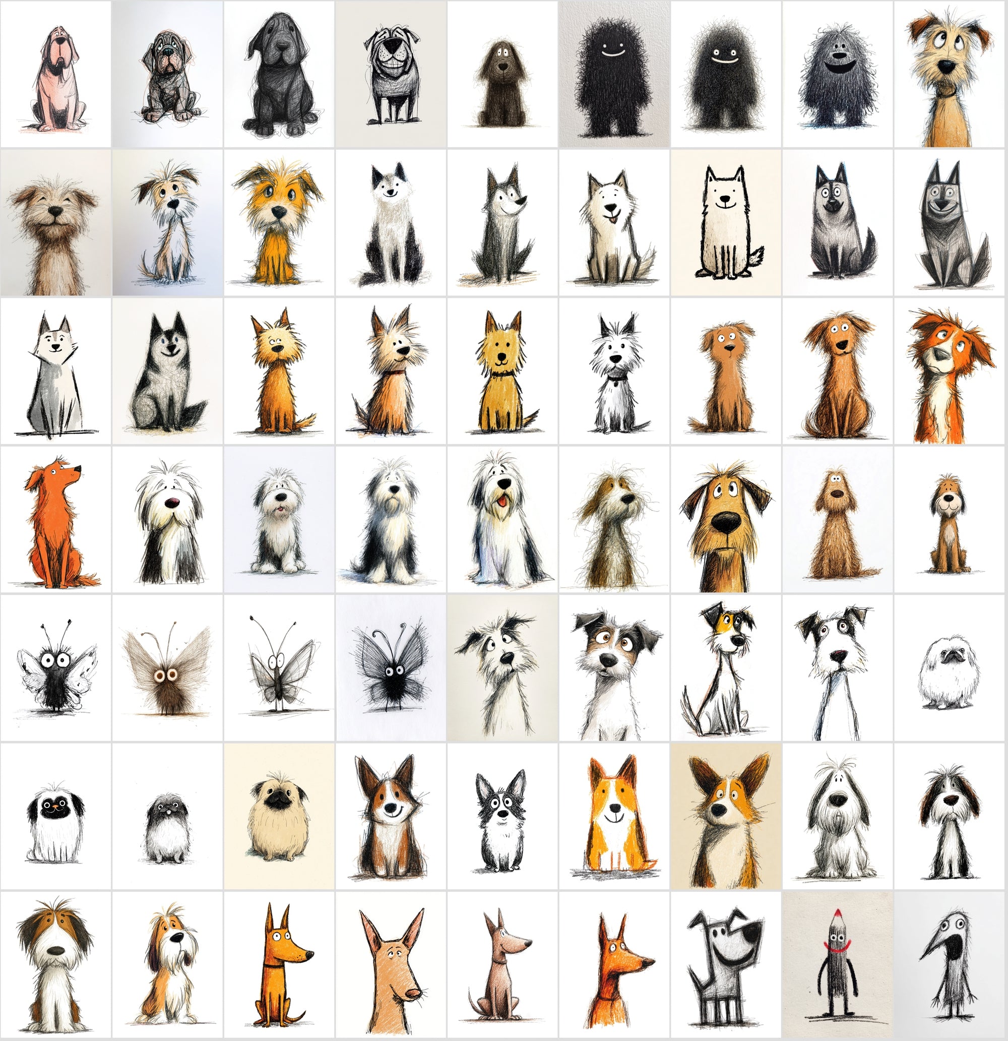 740 Dog Breed Doodle Illustrations – Quirky Sketch Clipart Bundle, Commercial License