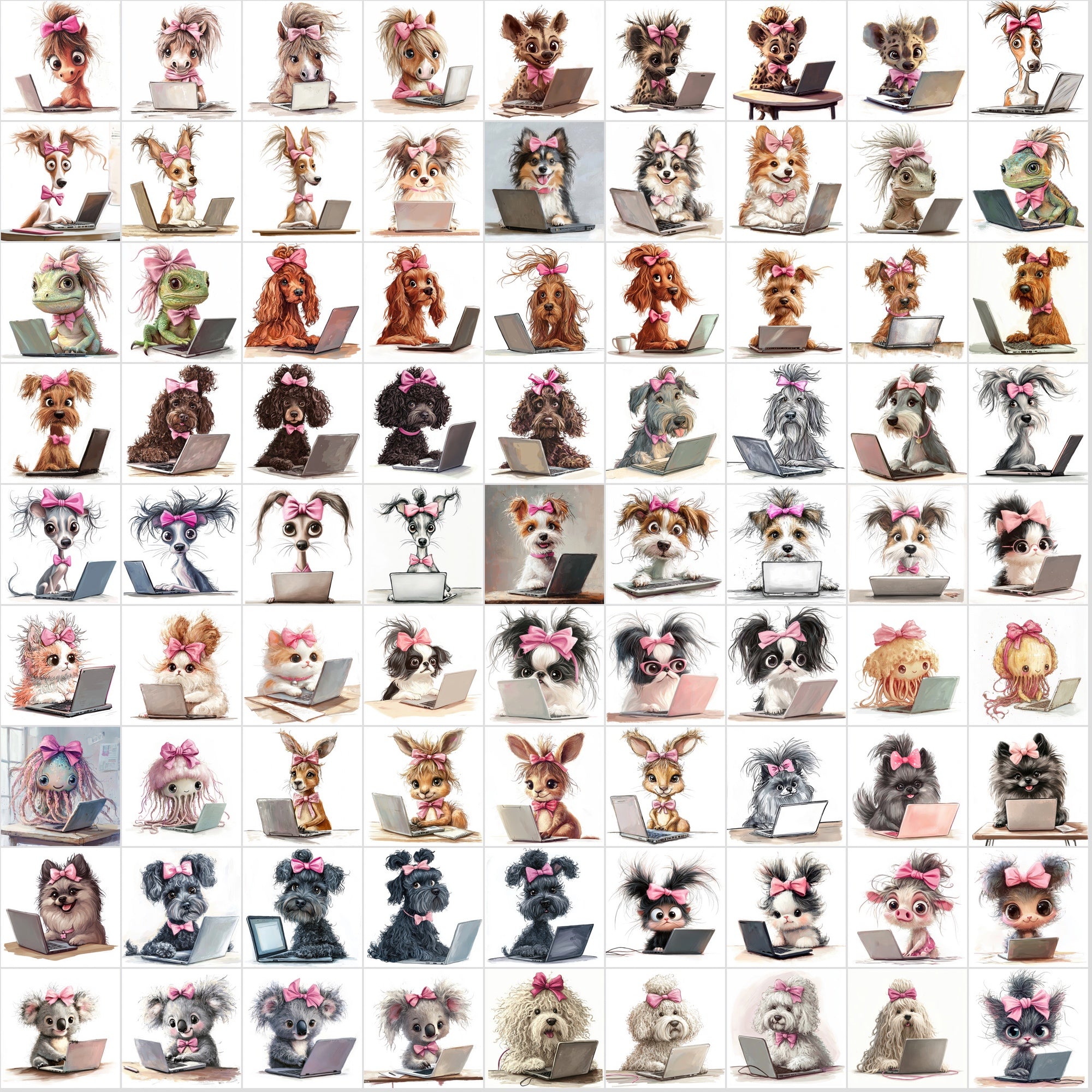 1150 Funny Hairy Animals with Pink Bows Working on Laptops