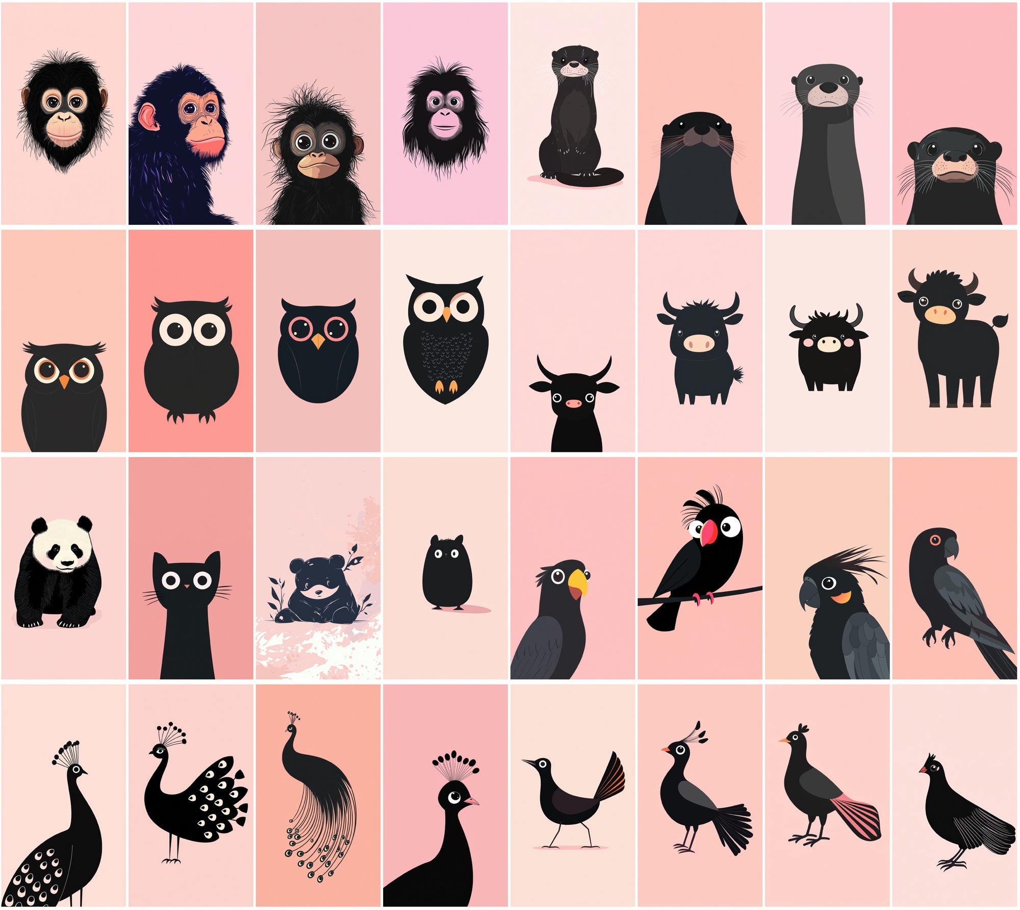 390 Minimalist Animal Illustrations on Pastel Pink Backgrounds