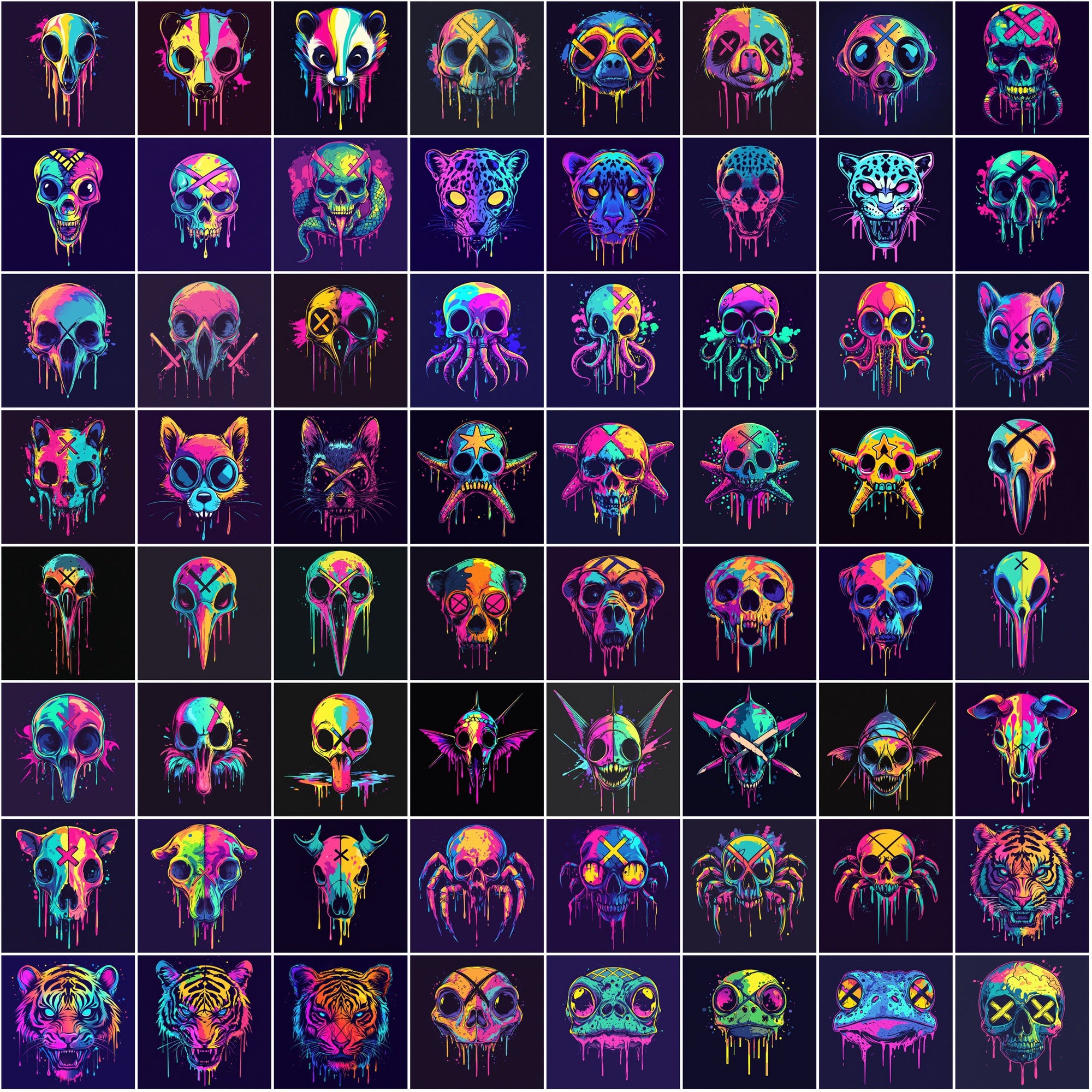 615 Dripping Skull Illustrations – Neon Animal Art, Dark Aesthetic, Commercial Use