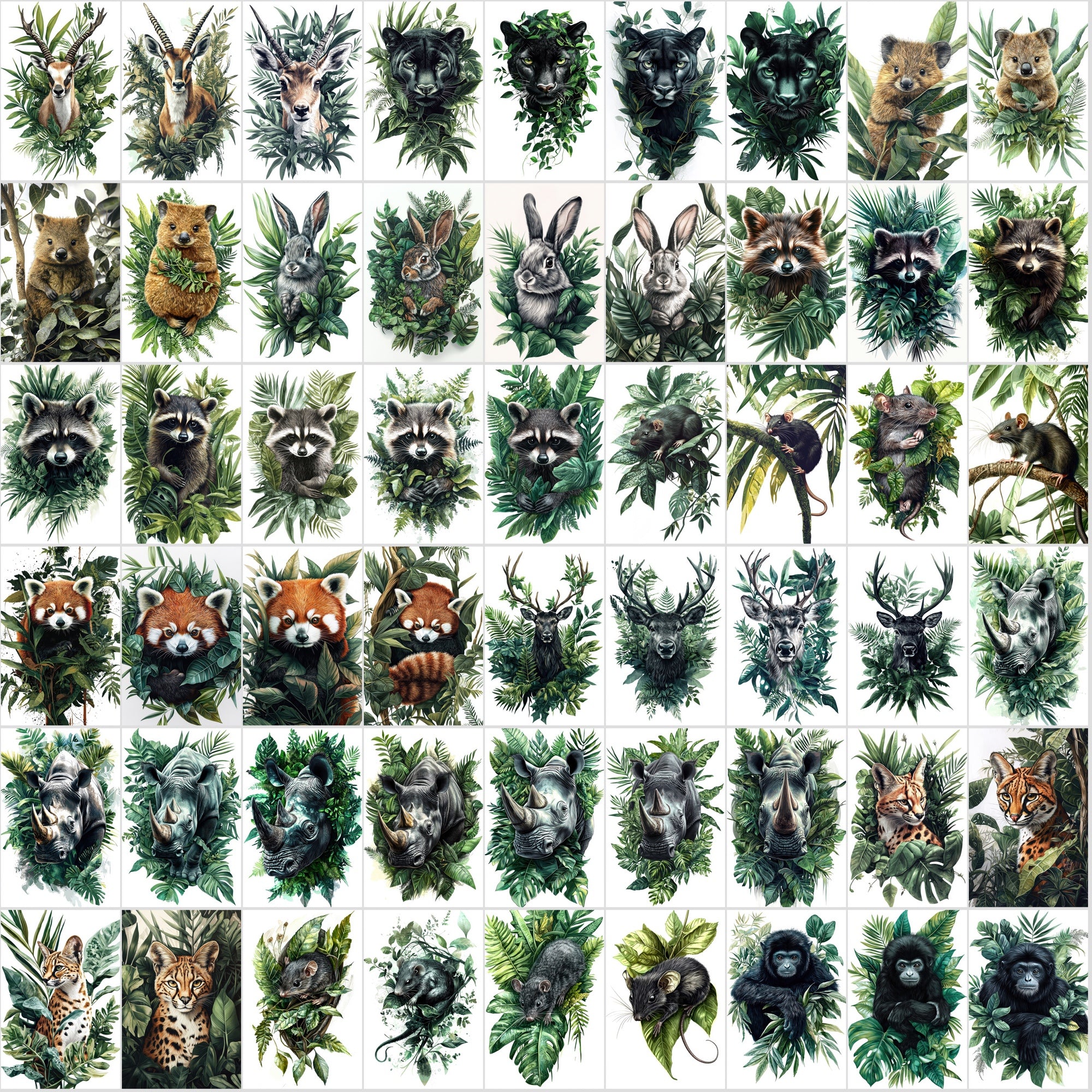 580 Animal Illustrations with Green Foliage