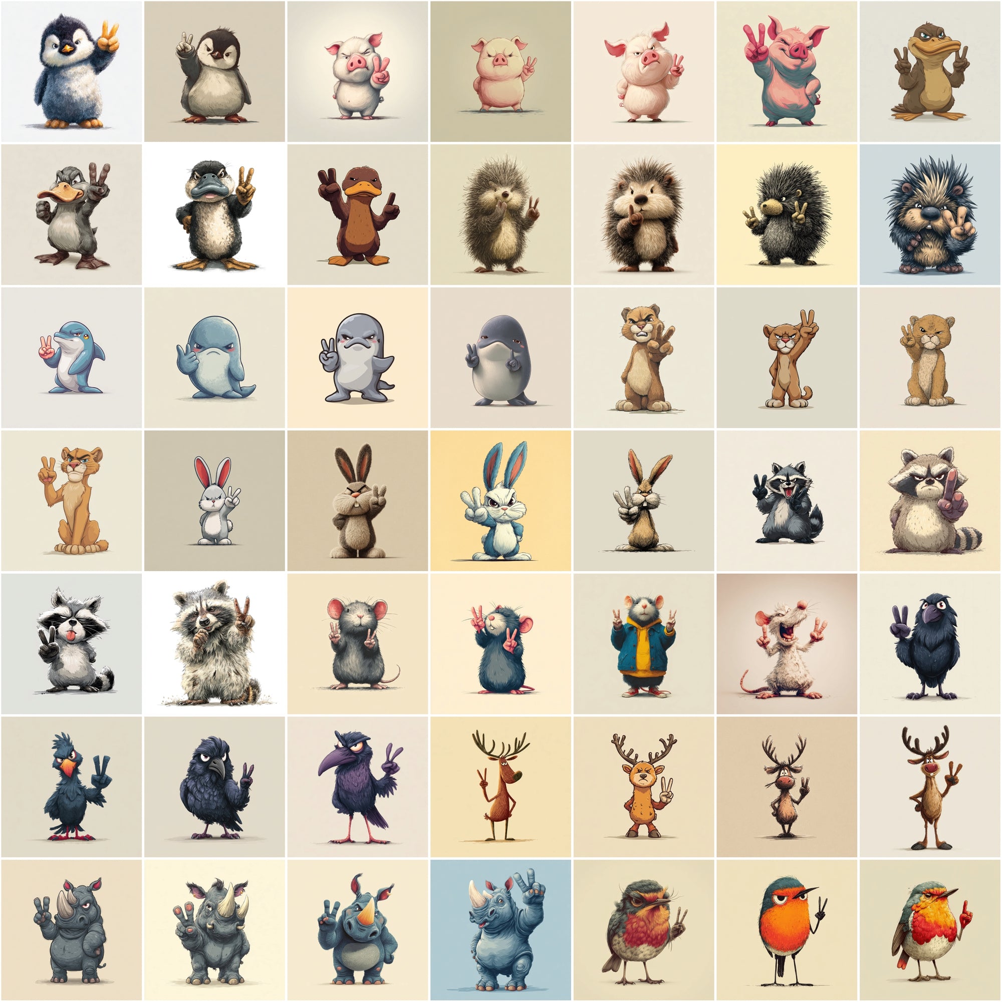 585 Peace Sign Animal Illustrations | Cute Cartoon Animals Bundle