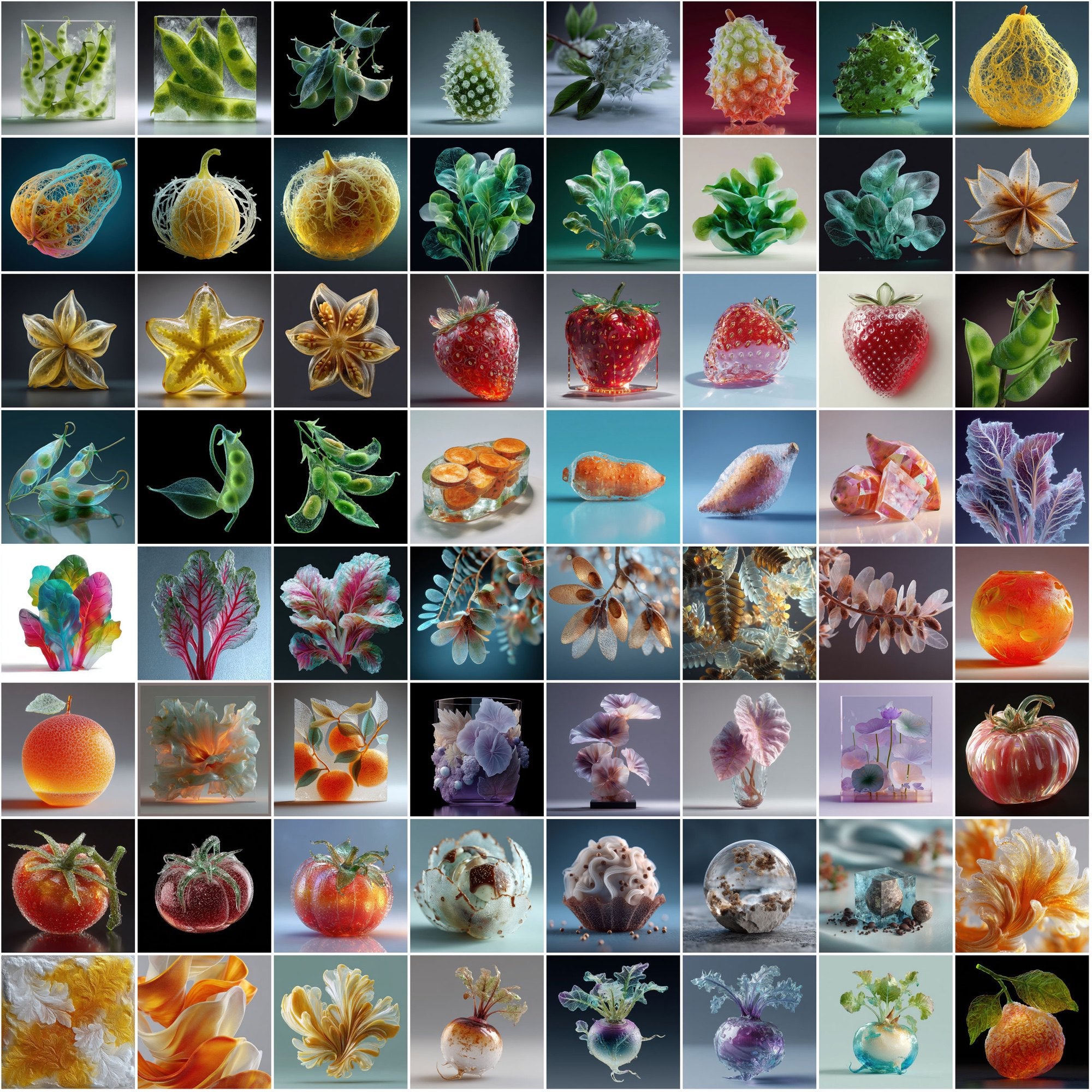 600 Frosted Glass Fruits & Veggies – High-Res JPGs for Design, Decor & Print