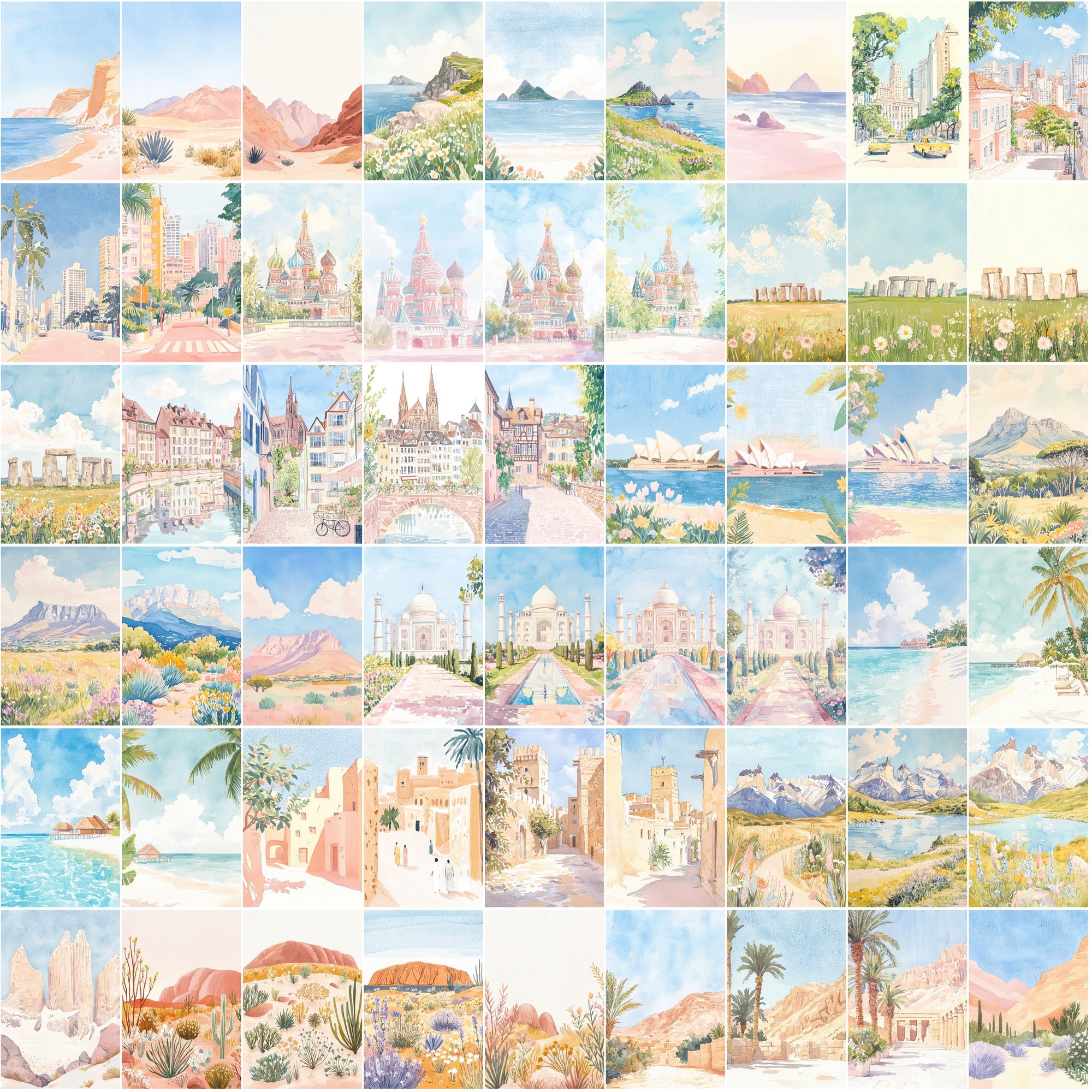 520 Gouache World Landmarks Illustrations | Pastel Color Travel Art