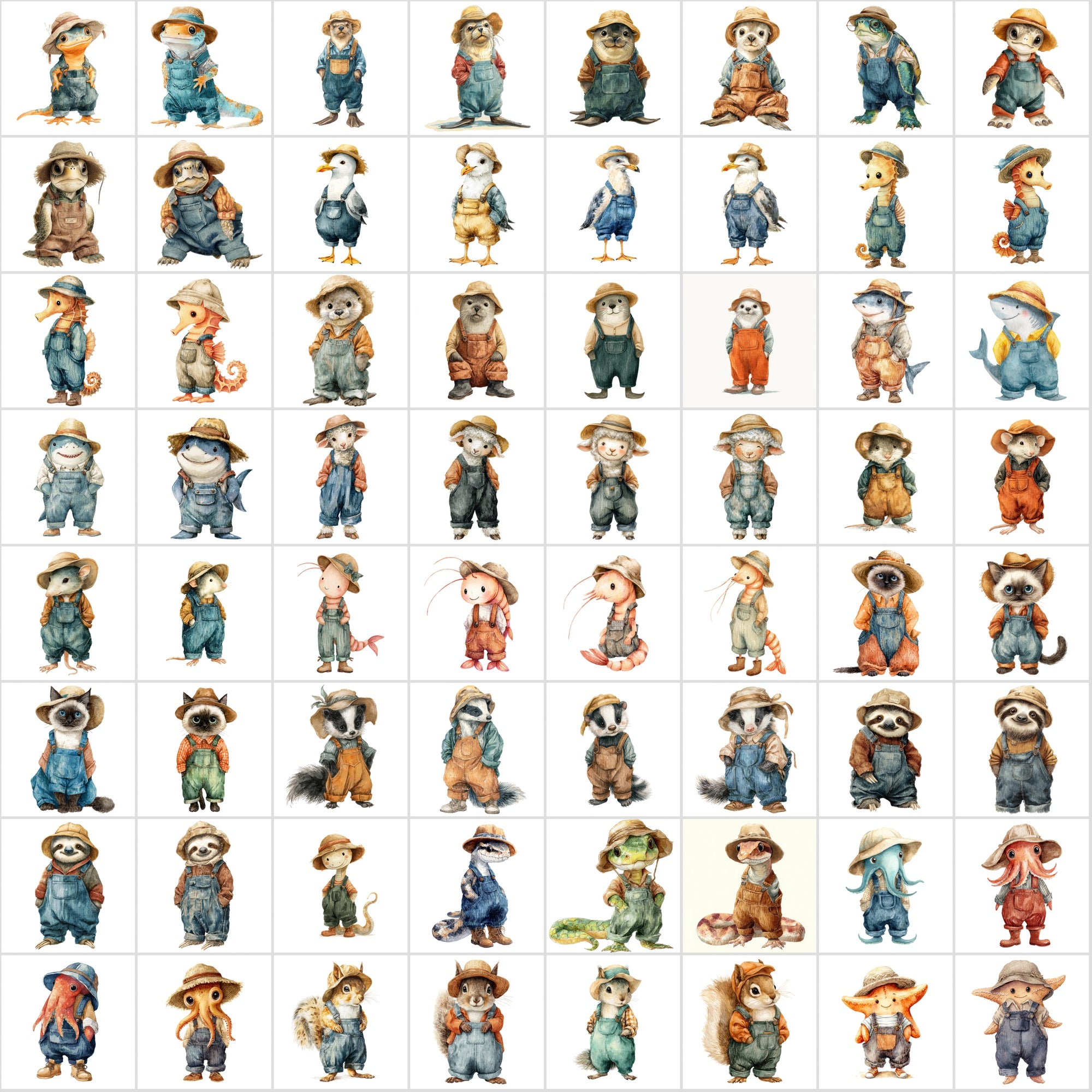 650 Cute Watercolor Animal Clipart – Adorable Animals in Corduroy Overalls & Hats
