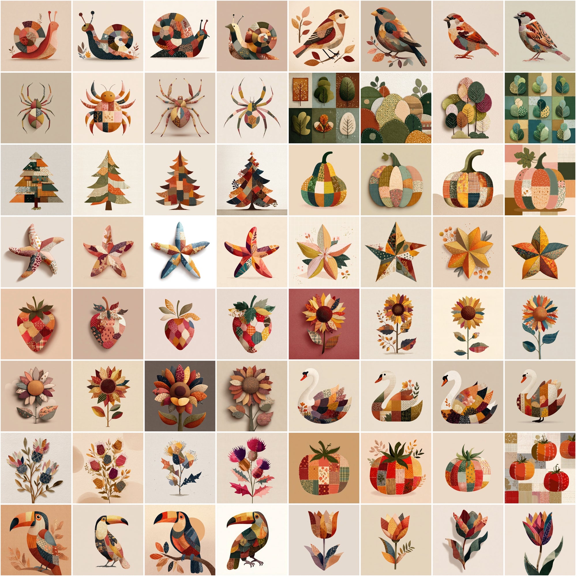 620 Cozy Patchwork Illustrations | Autumn Fabric Clipart | Stitched Fall Elements