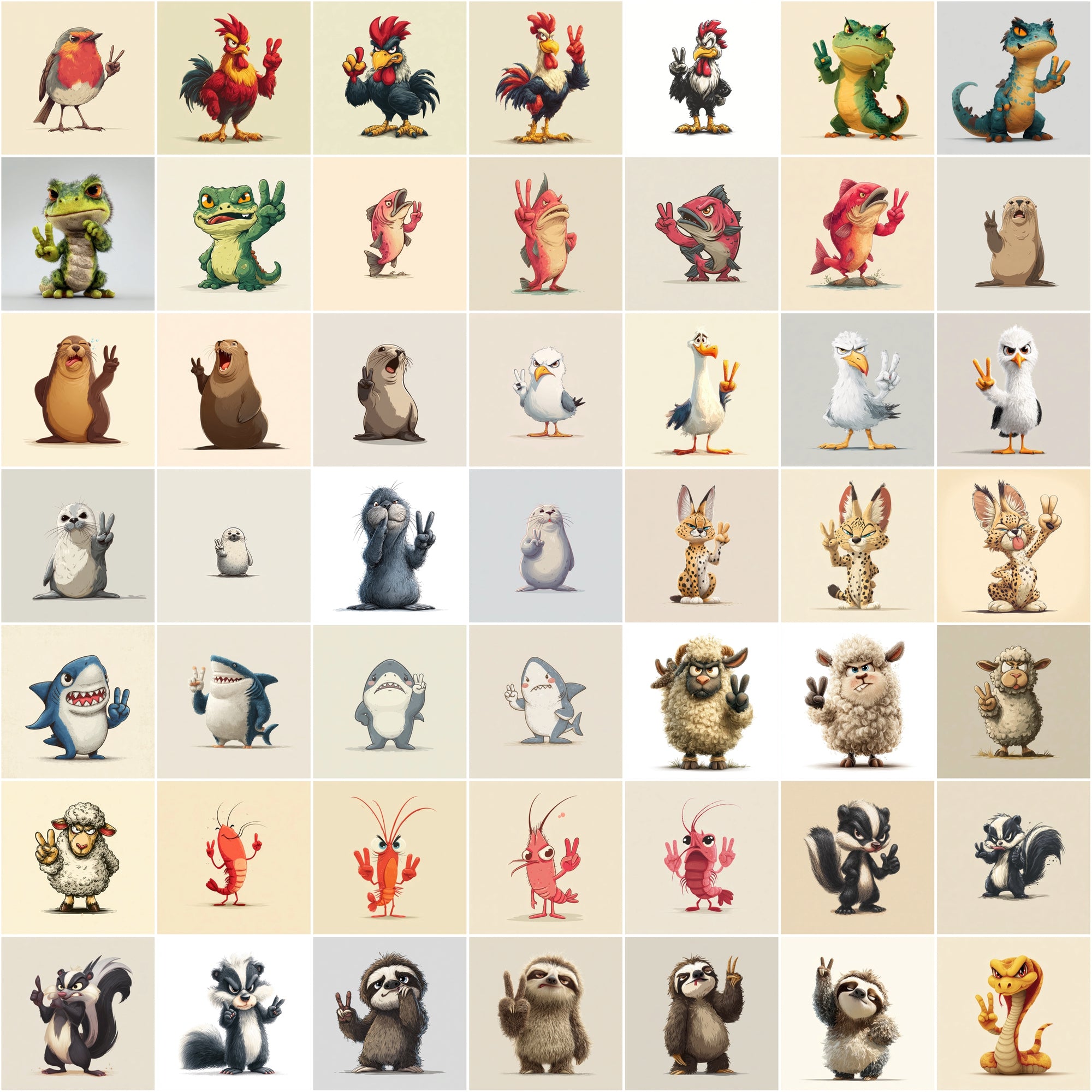 585 Peace Sign Animal Illustrations | Cute Cartoon Animals Bundle