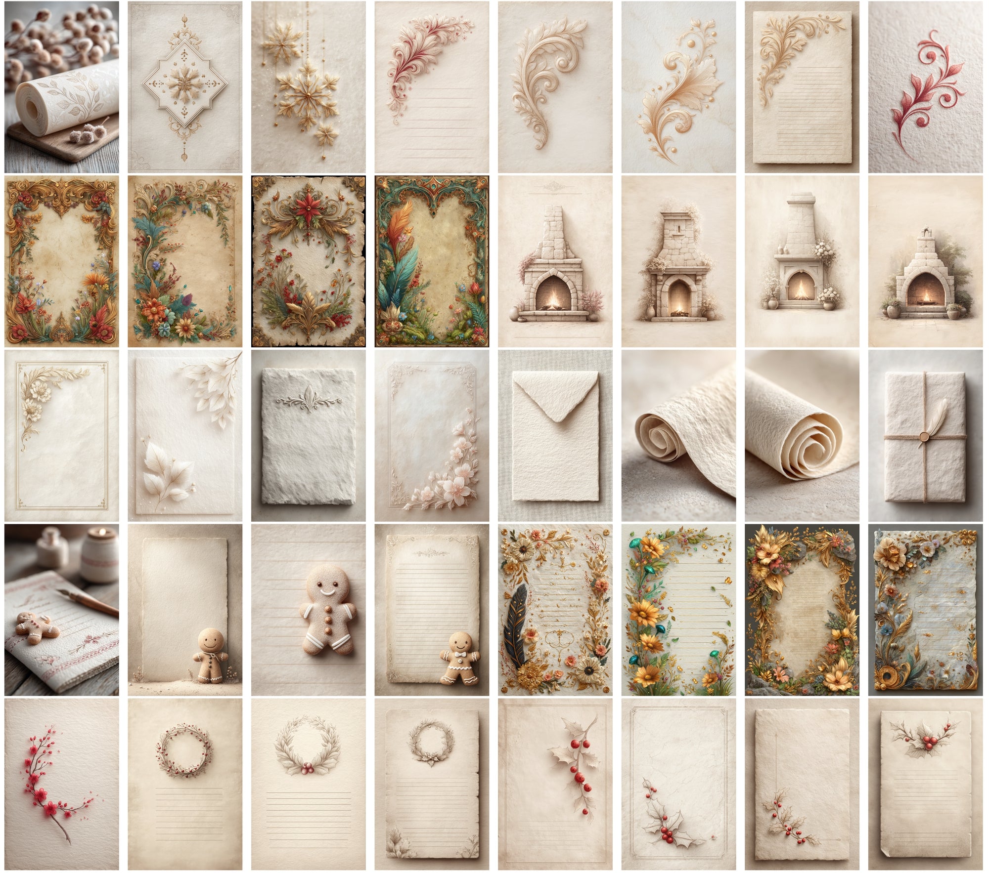 590 Vintage Christmas Parchment Pages | Lined Stationery, Antique Paper, JPG, Commercial Use