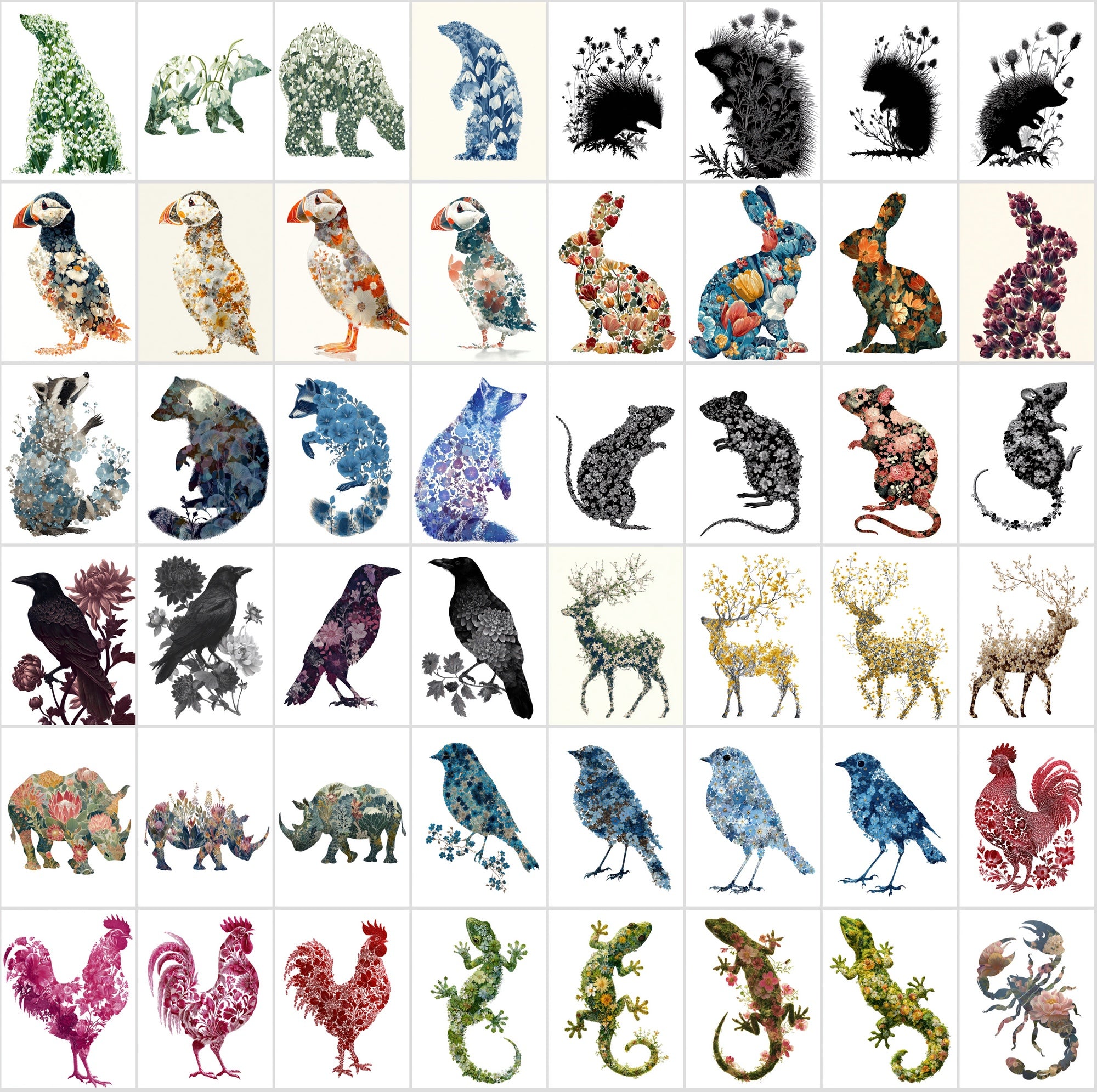 610 Floral Animal Silhouette Images – Vintage Flower Art, Commercial License