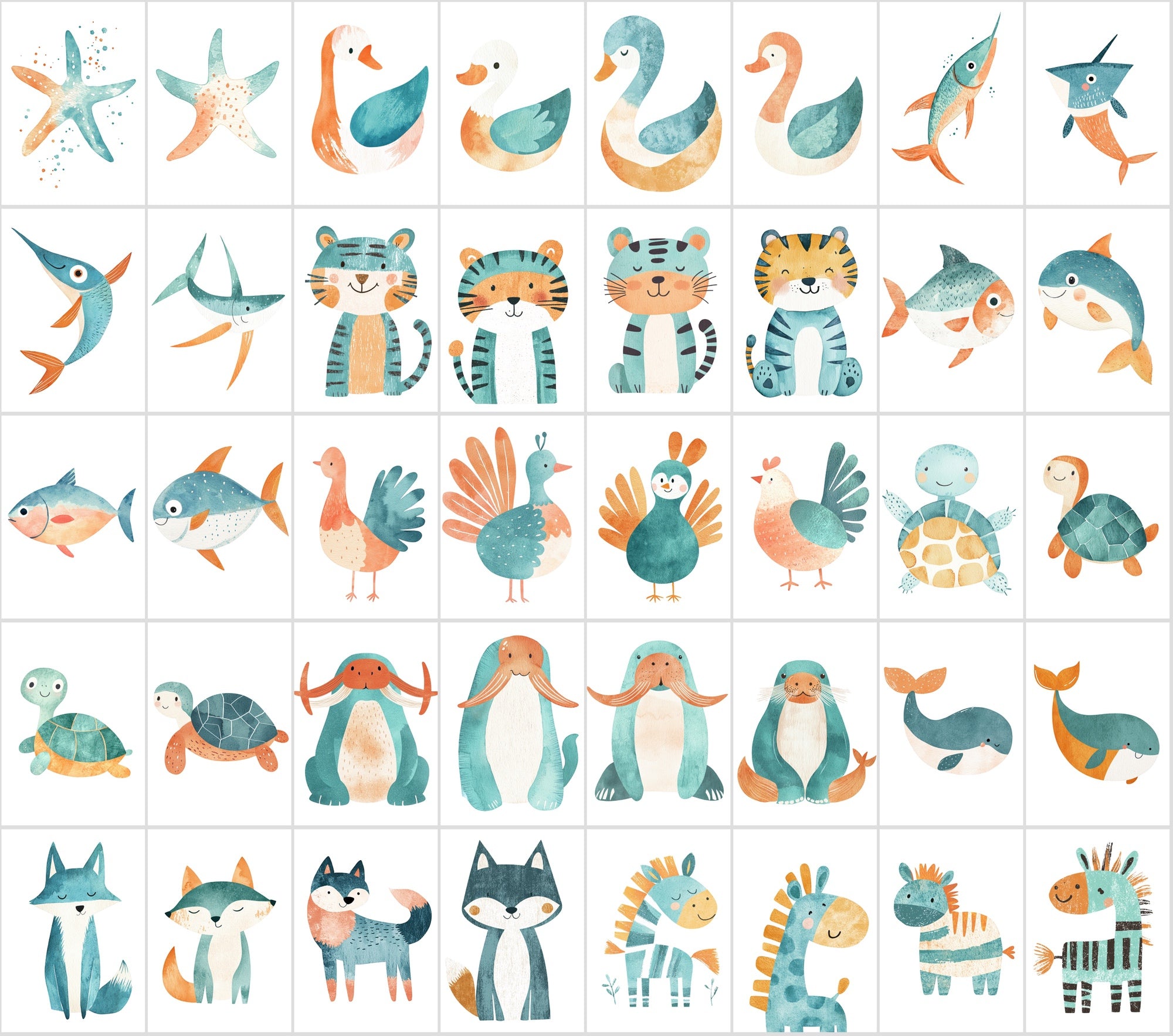 400 Teal & Orange Minimalist Animal Illustrations | Commercial License