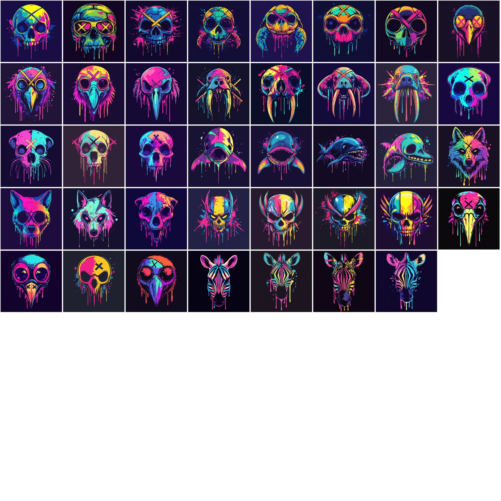 615 Dripping Skull Illustrations – Neon Animal Art, Dark Aesthetic, Commercial Use