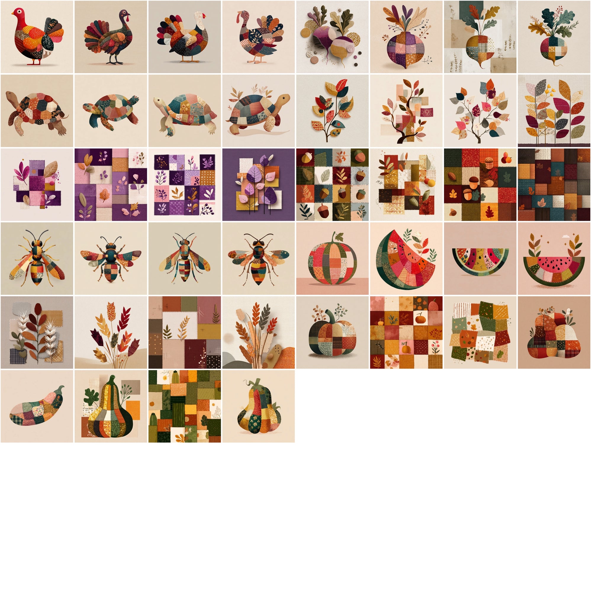 620 Cozy Patchwork Illustrations | Autumn Fabric Clipart | Stitched Fall Elements