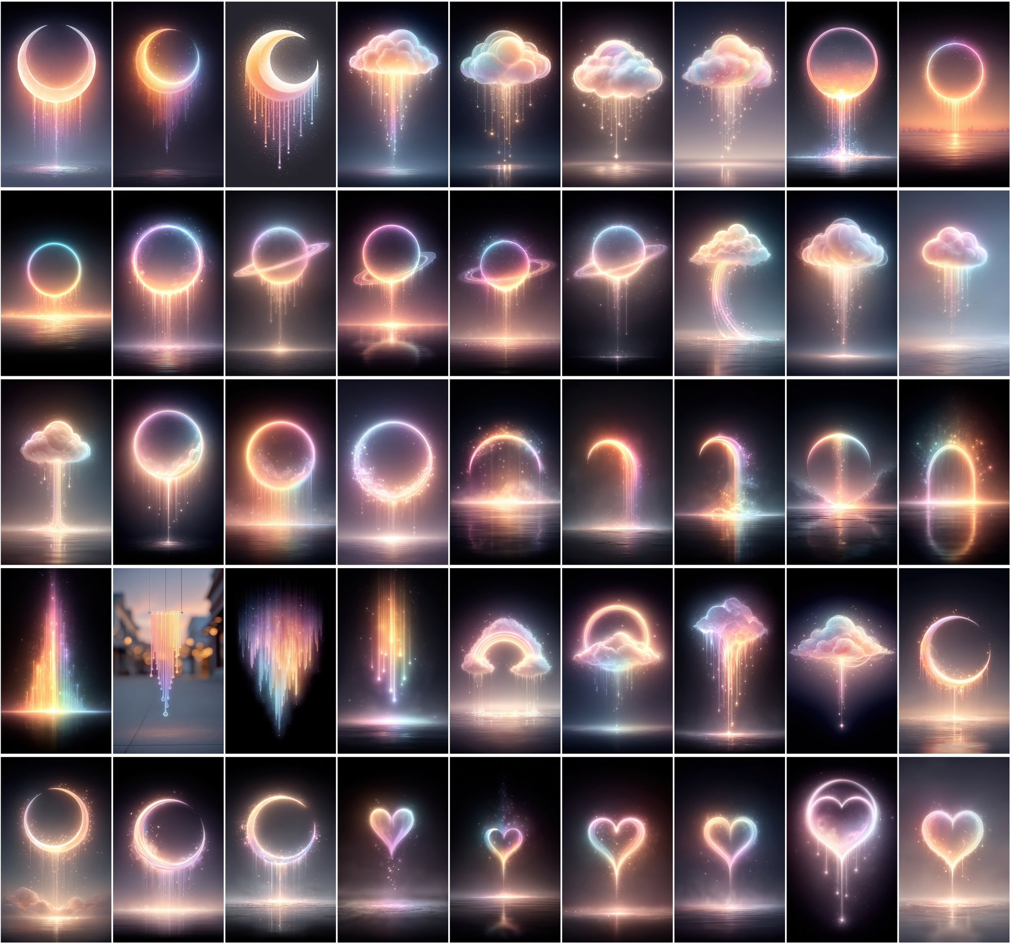620 Glowing Rainbow Neon Images | Luminous Cosmic Art | Sparkling Dripping Stars, Moons, Clouds & Hearts