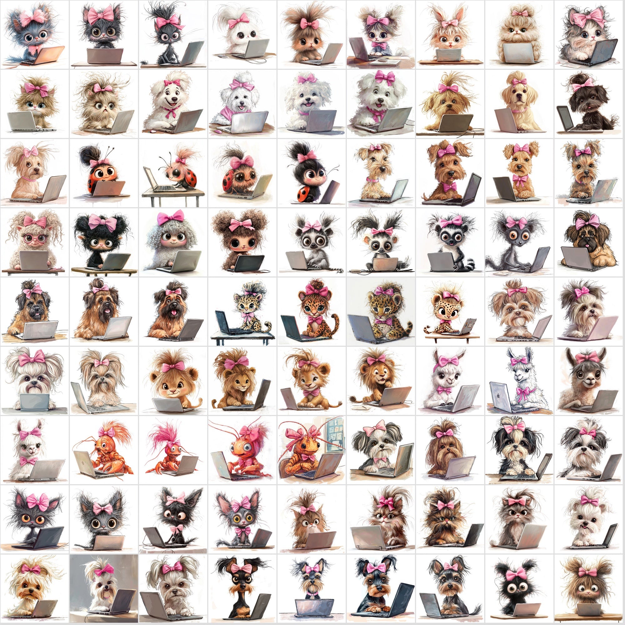 1150 Funny Hairy Animals with Pink Bows Working on Laptops