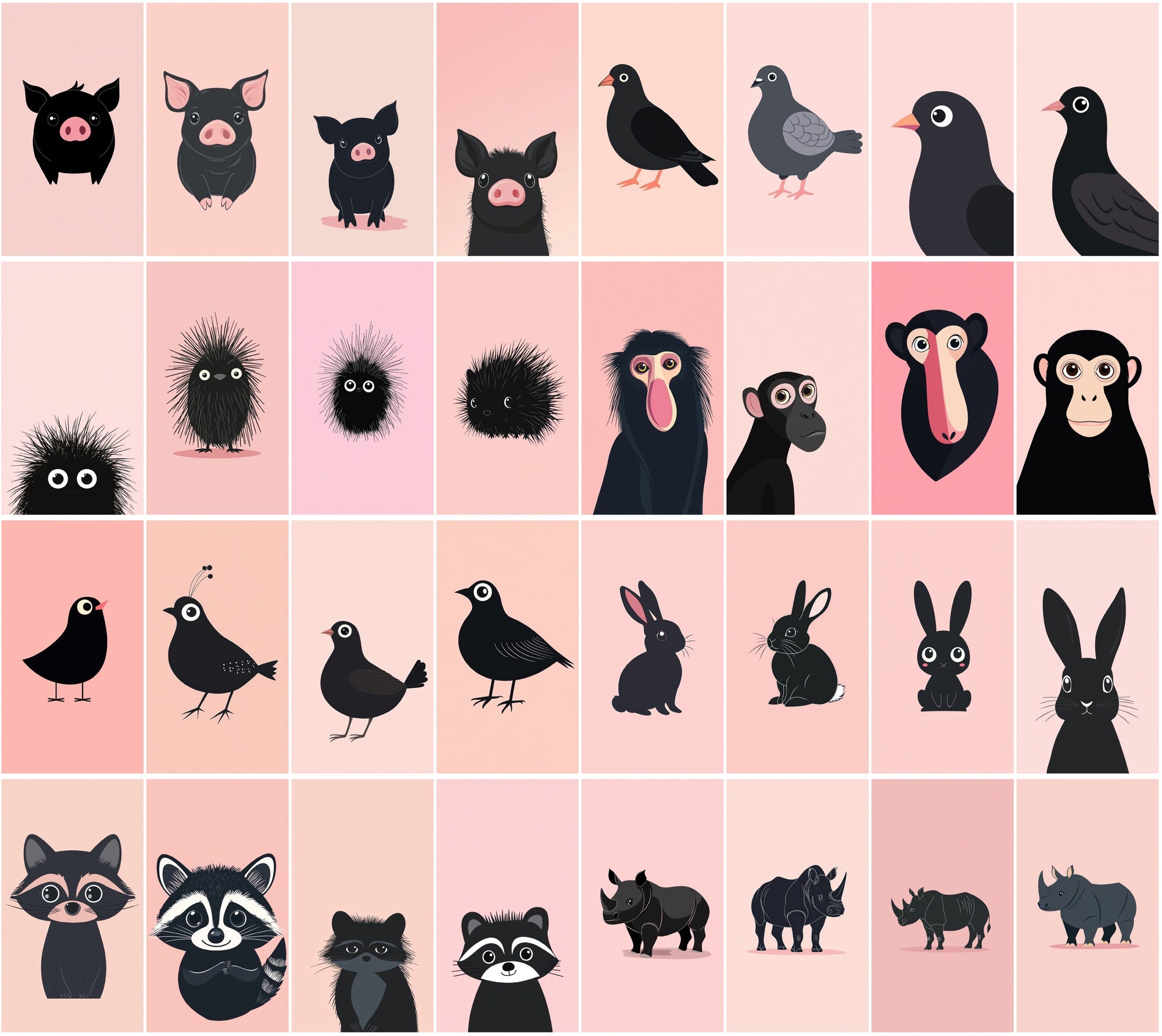 390 Minimalist Animal Illustrations on Pastel Pink Backgrounds