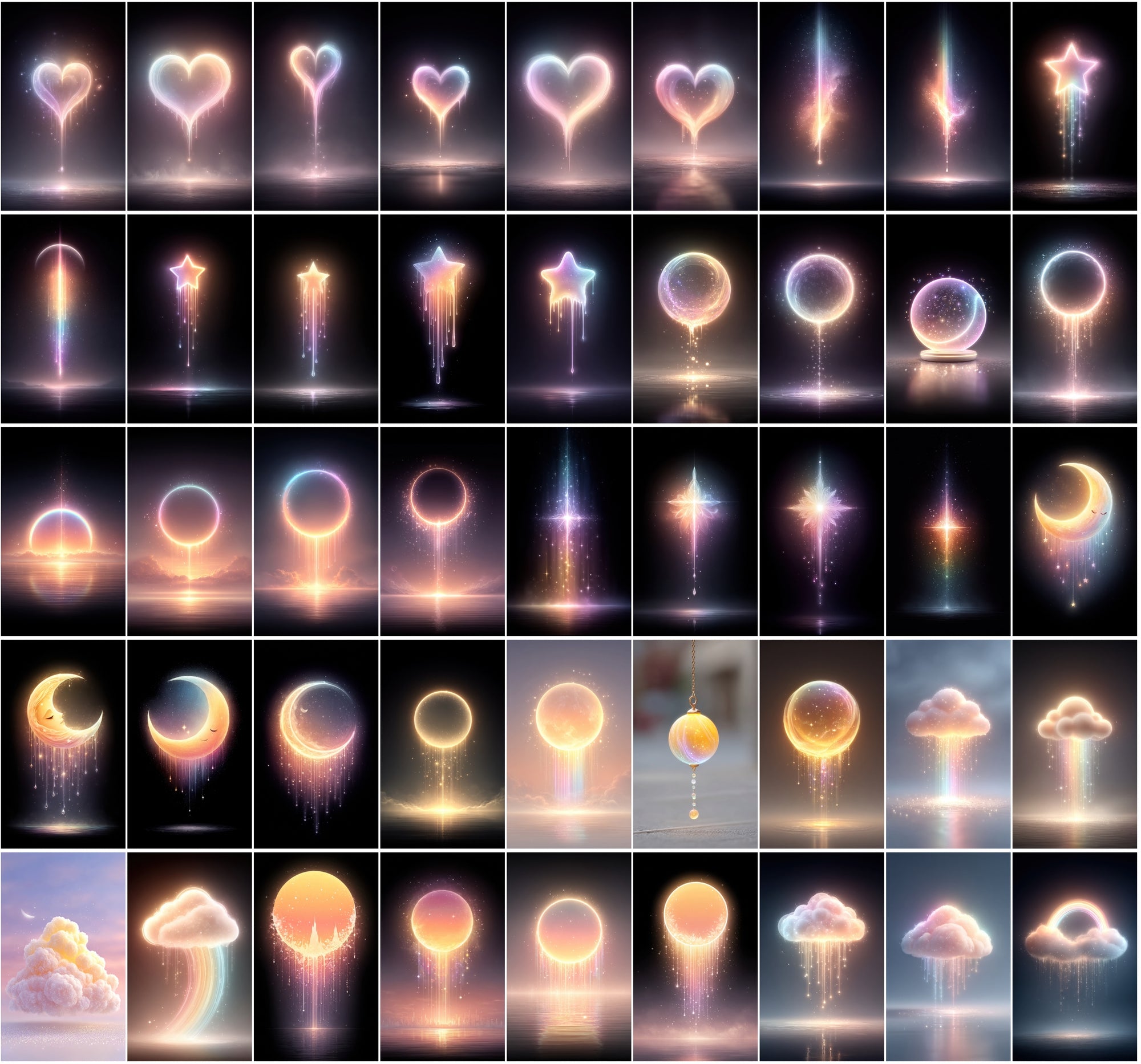 620 Glowing Rainbow Neon Images | Luminous Cosmic Art | Sparkling Dripping Stars, Moons, Clouds & Hearts
