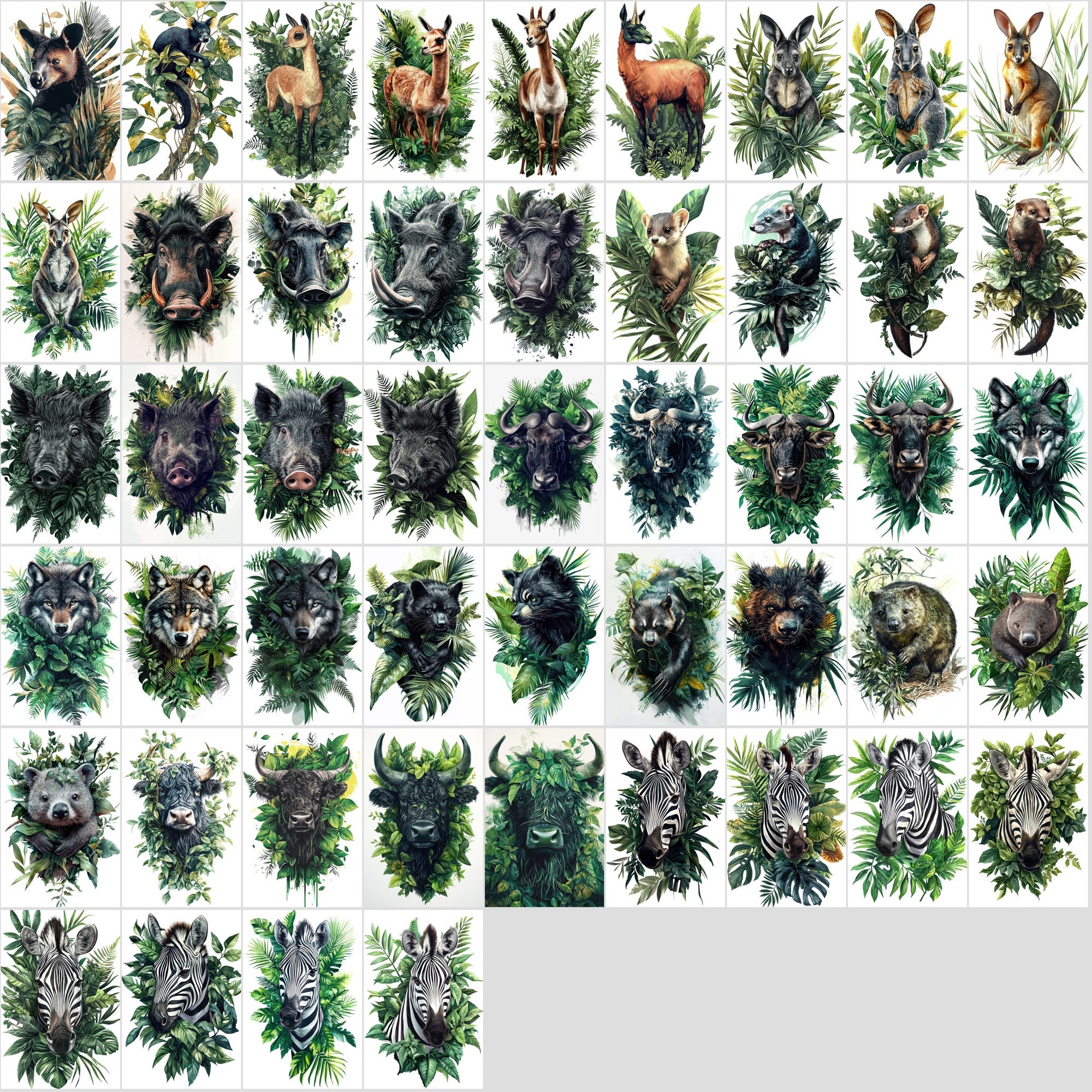 580 Animal Illustrations with Green Foliage