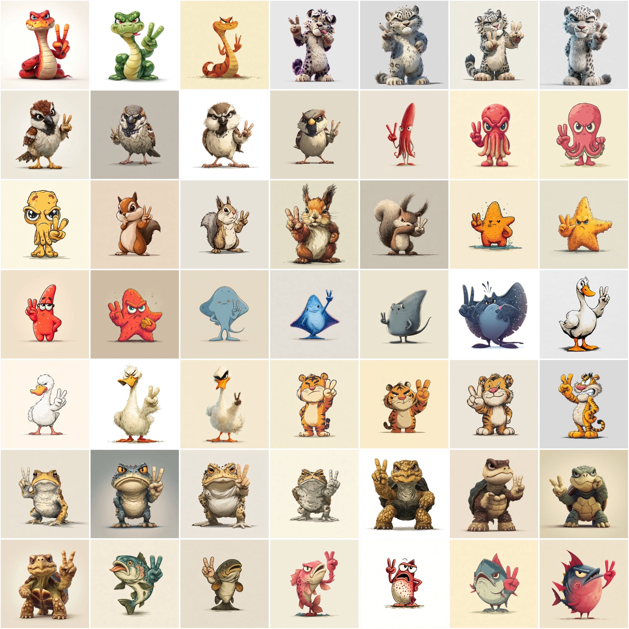 585 Peace Sign Animal Illustrations | Cute Cartoon Animals Bundle