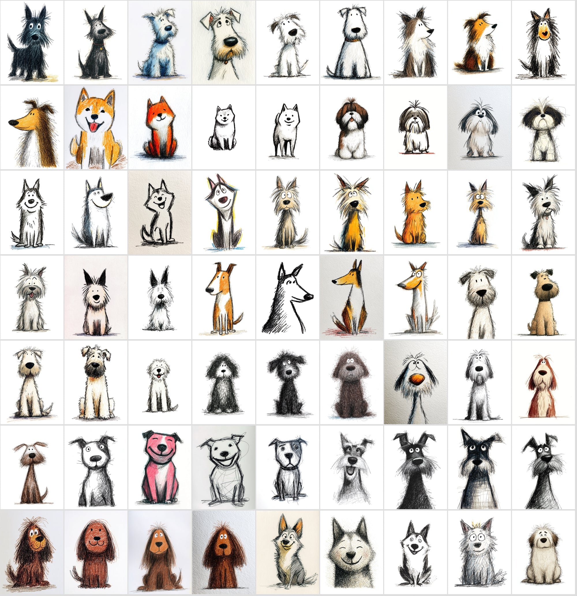 740 Dog Breed Doodle Illustrations – Quirky Sketch Clipart Bundle, Commercial License