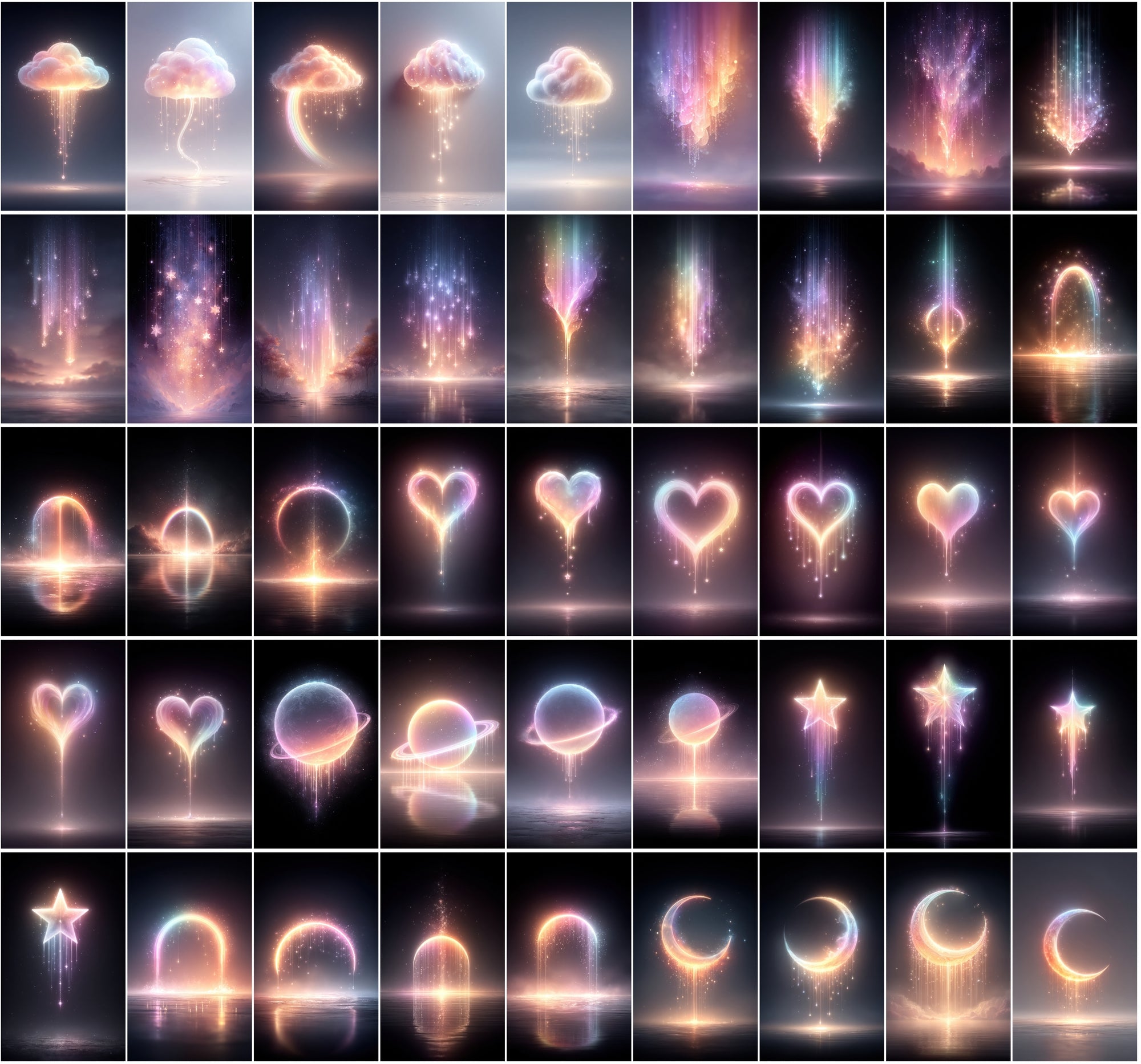 620 Glowing Rainbow Neon Images | Luminous Cosmic Art | Sparkling Dripping Stars, Moons, Clouds & Hearts