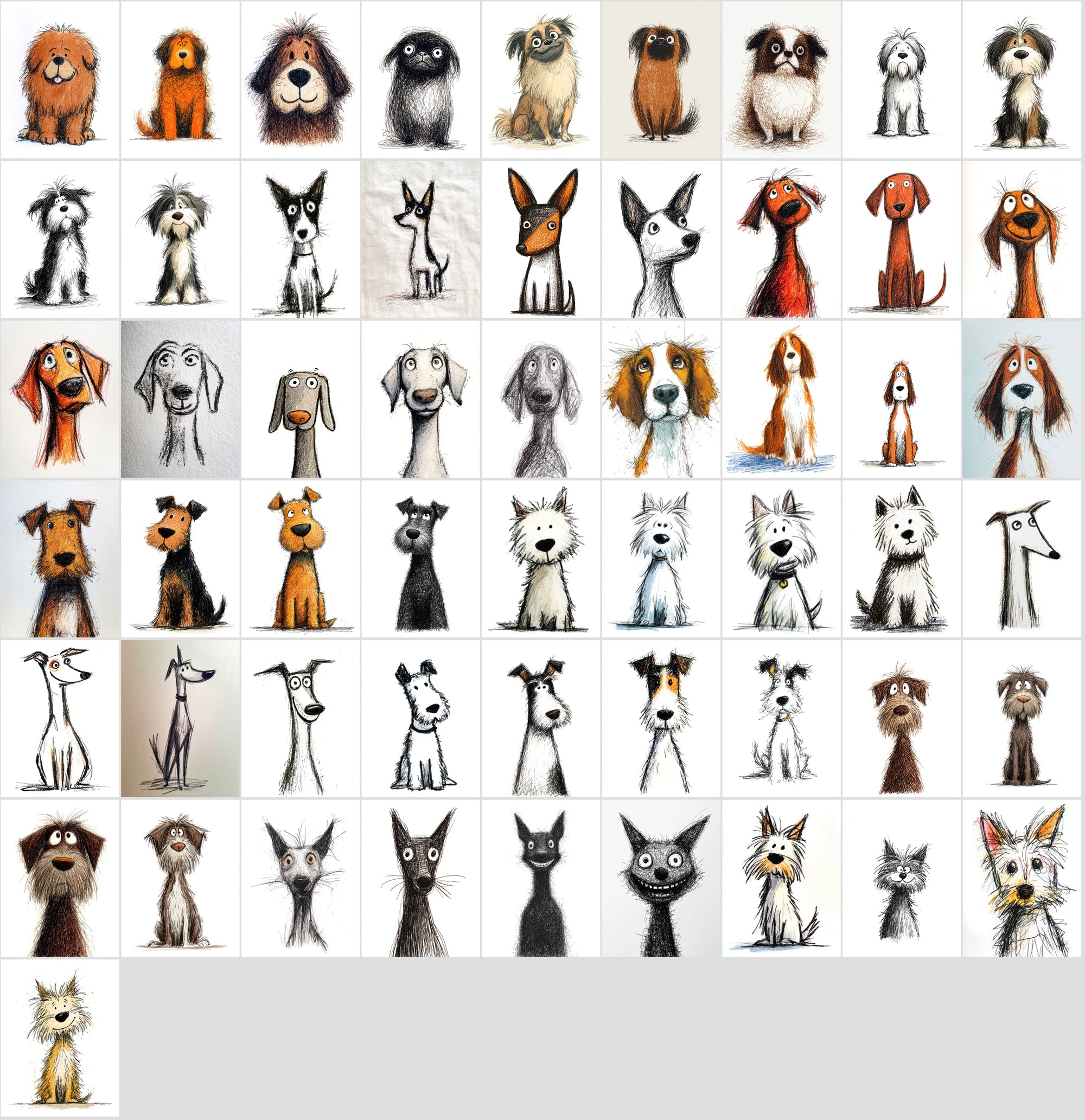 740 Dog Breed Doodle Illustrations – Quirky Sketch Clipart Bundle, Commercial License