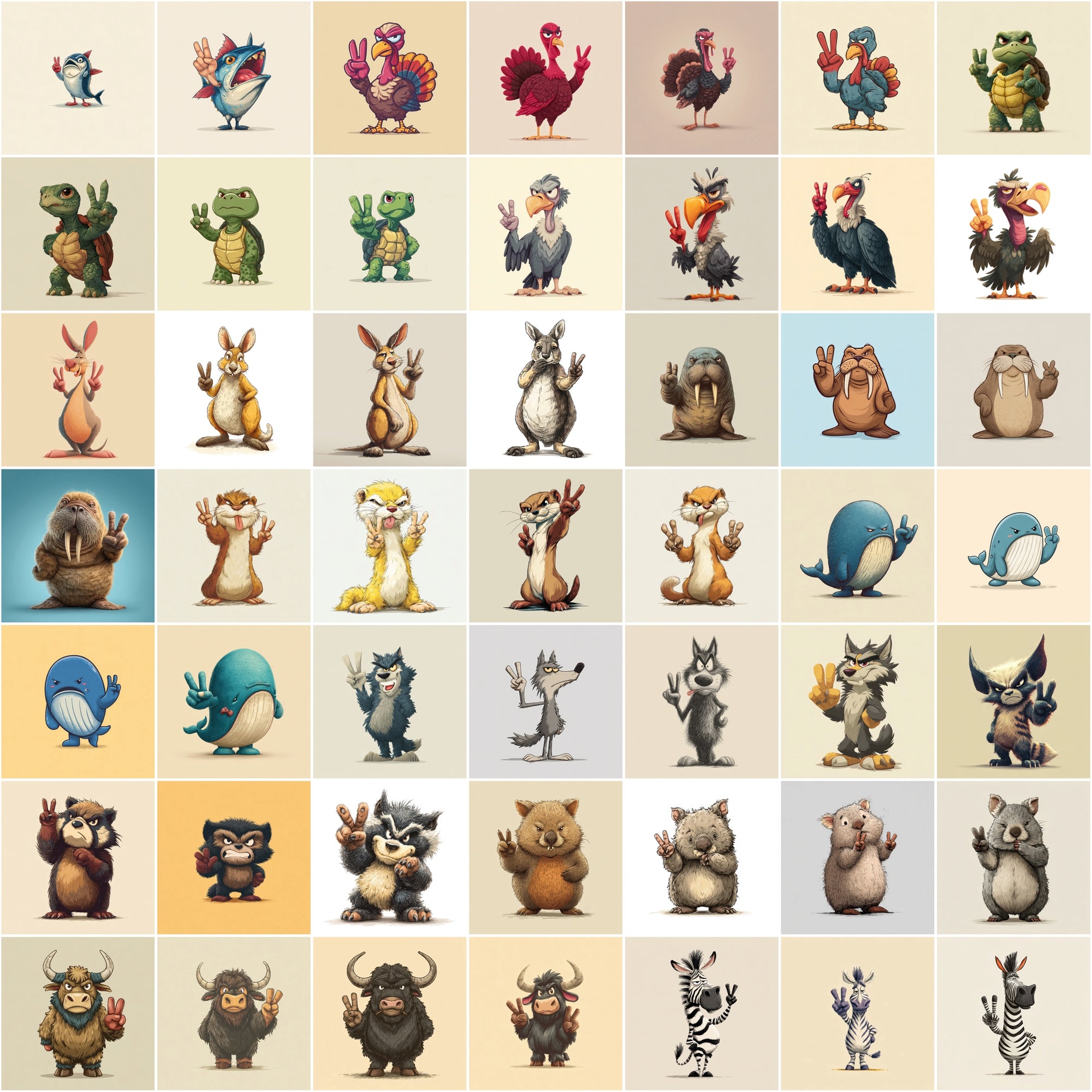 585 Peace Sign Animal Illustrations | Cute Cartoon Animals Bundle