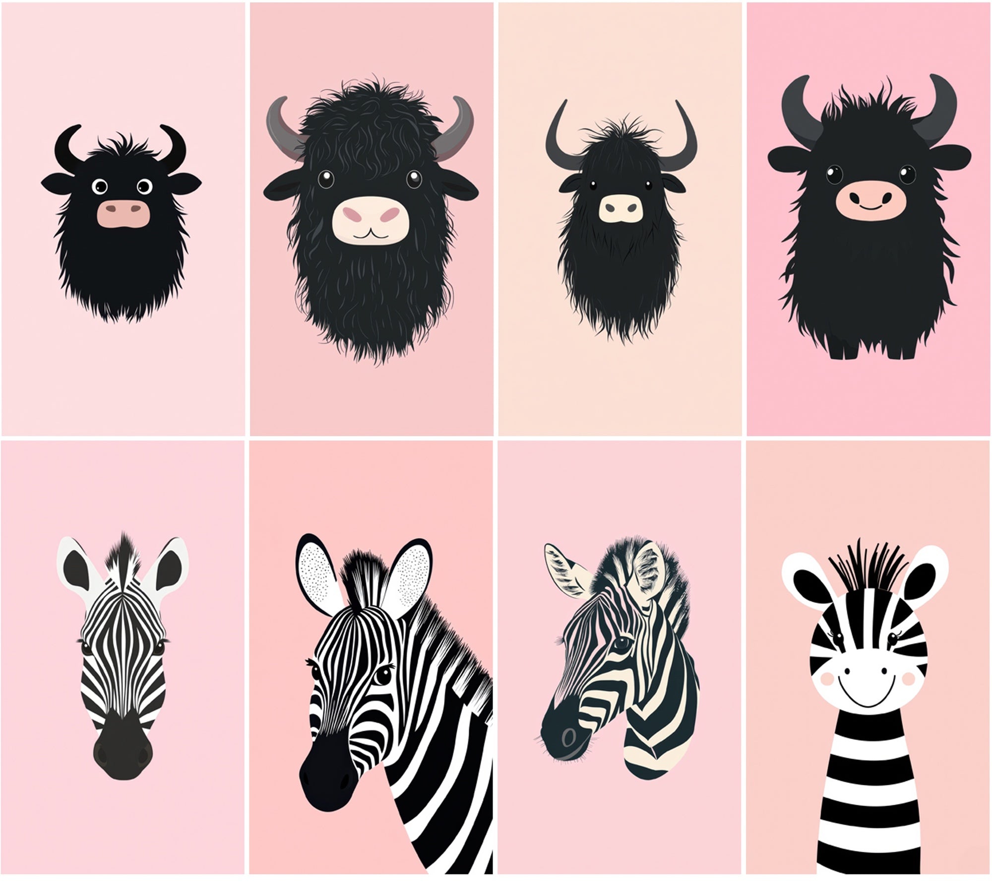 390 Minimalist Animal Illustrations on Pastel Pink Backgrounds