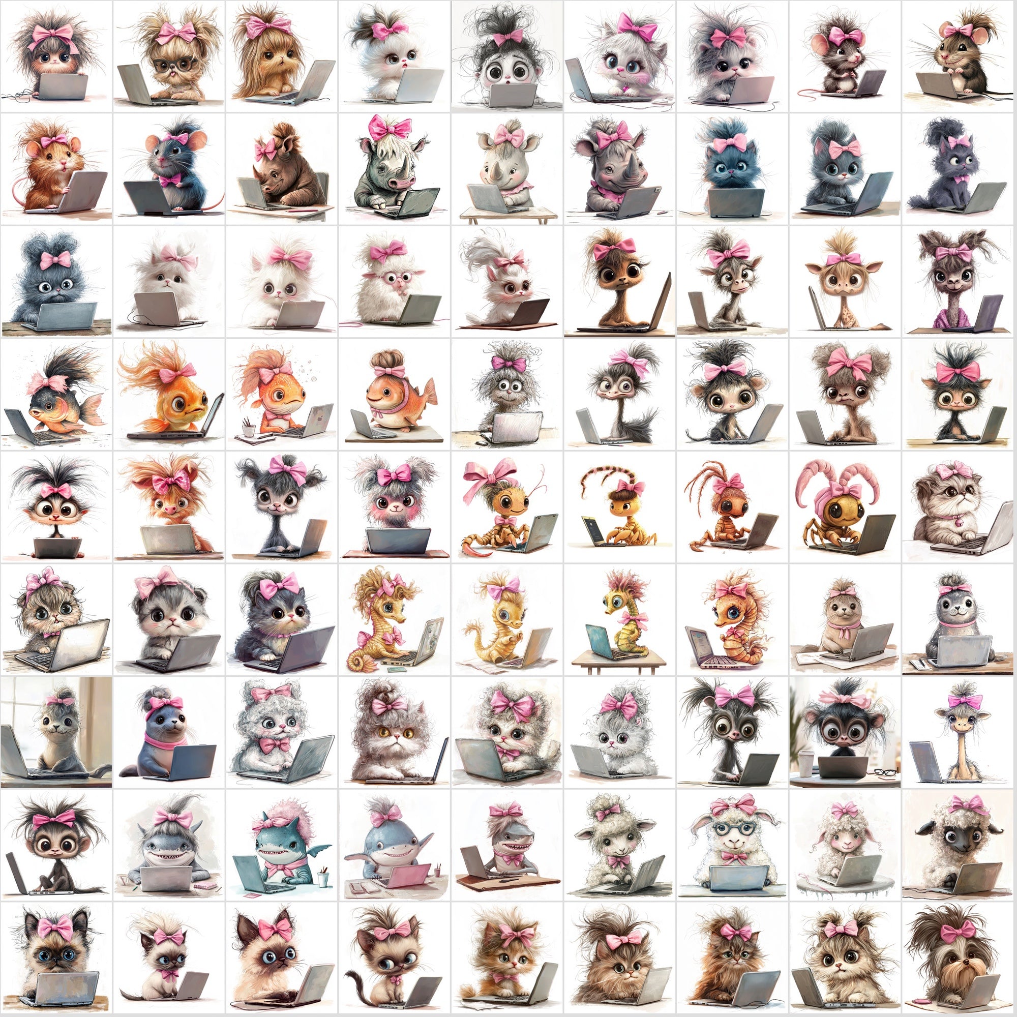 1150 Funny Hairy Animals with Pink Bows Working on Laptops