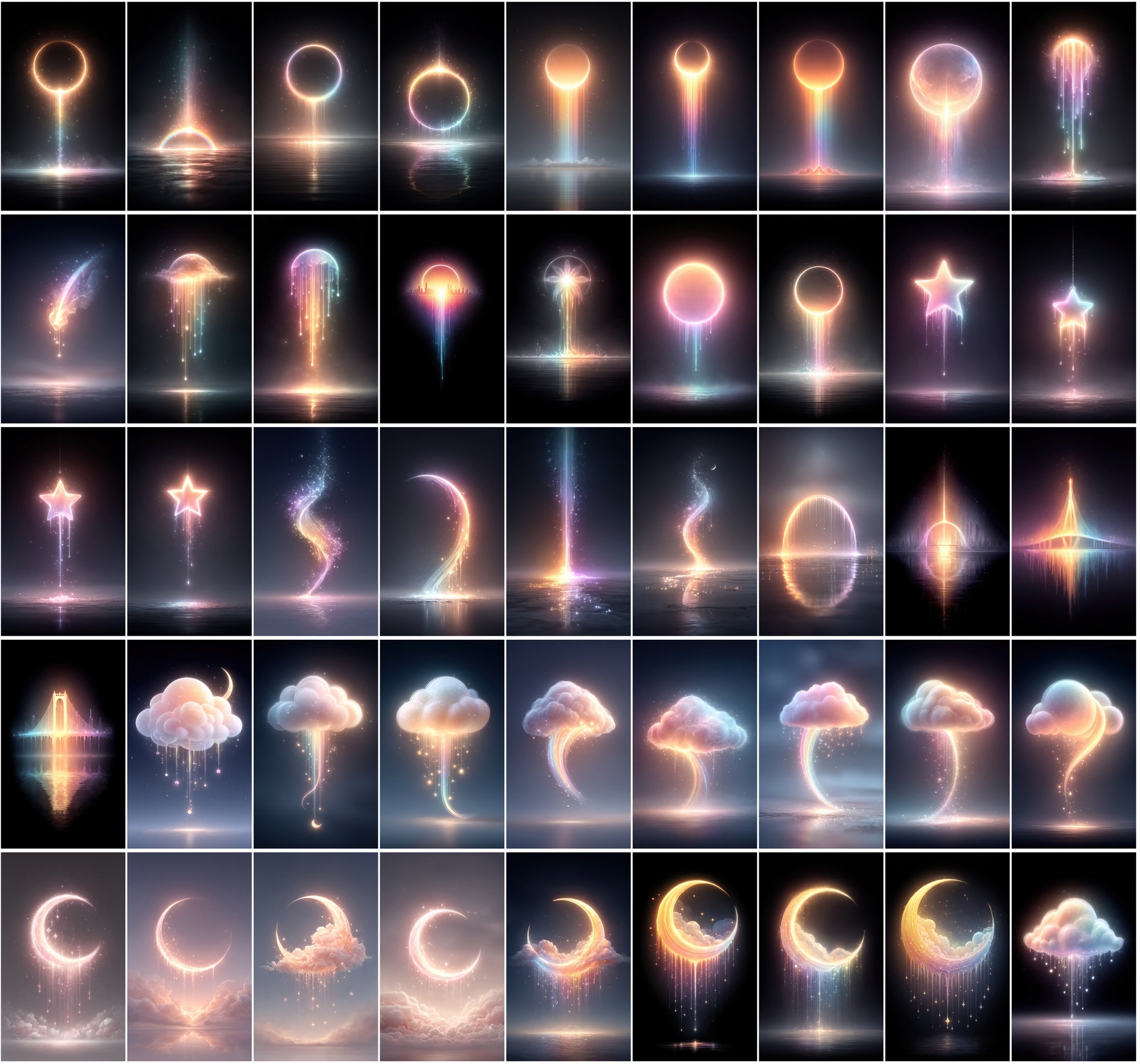 620 Glowing Rainbow Neon Images | Luminous Cosmic Art | Sparkling Dripping Stars, Moons, Clouds & Hearts