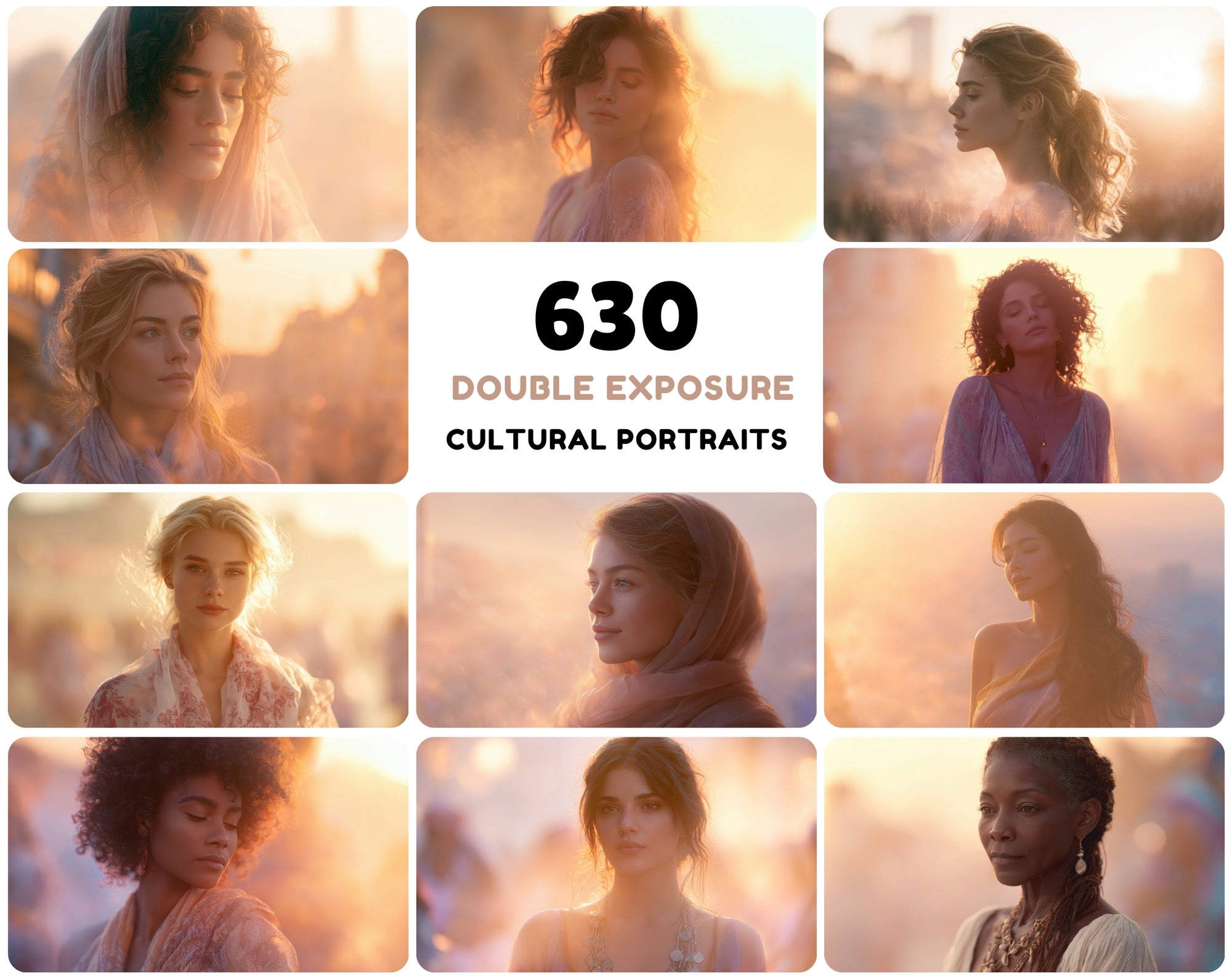 Double Exposure Women Portraits Bundle, 630 Ethereal Cultural JPG Images for Design & Commercial Use