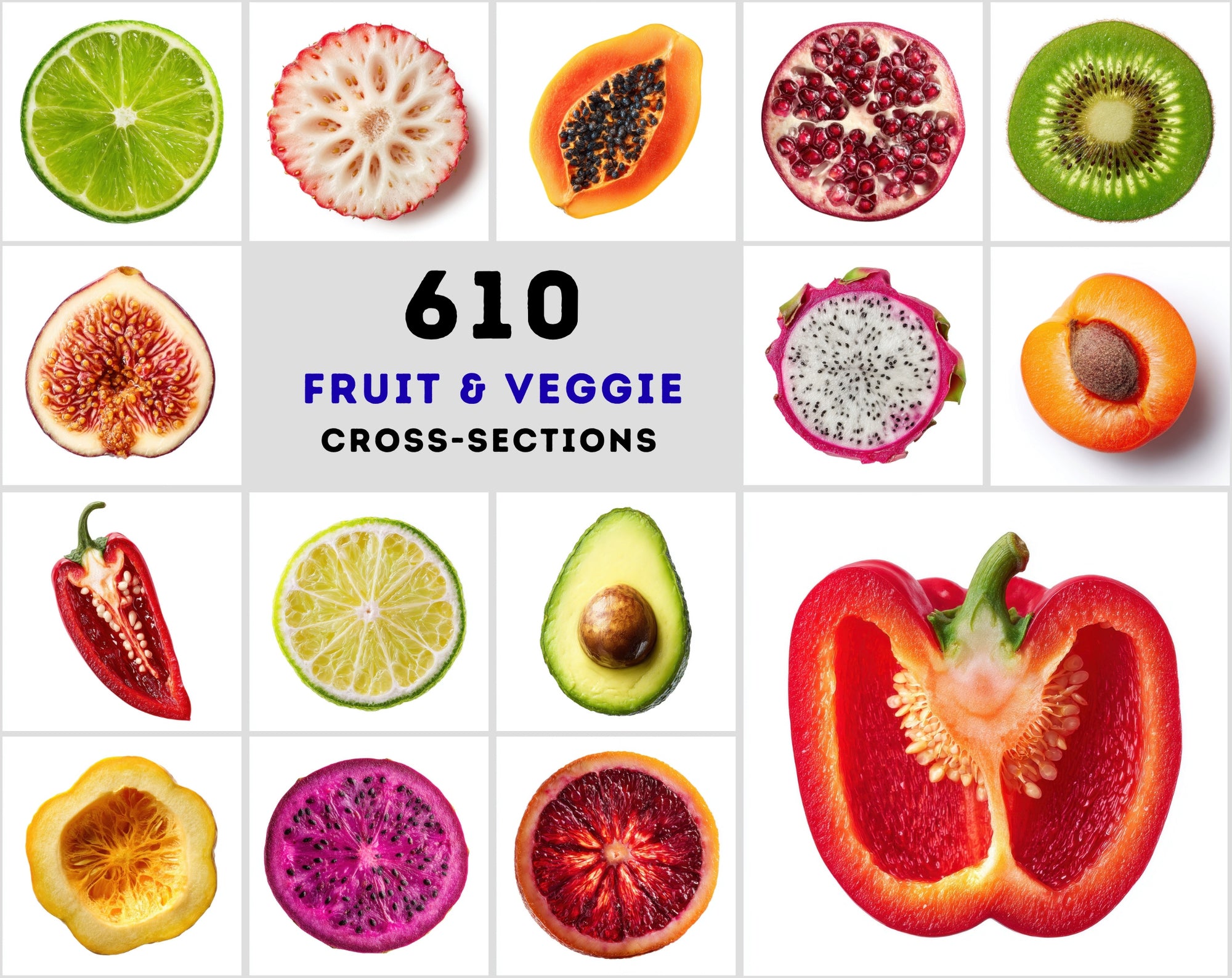 Fruit and Vegetable Cross-Section Clipart Bundle — 625 Ultra Realistic Macro Images on White Background