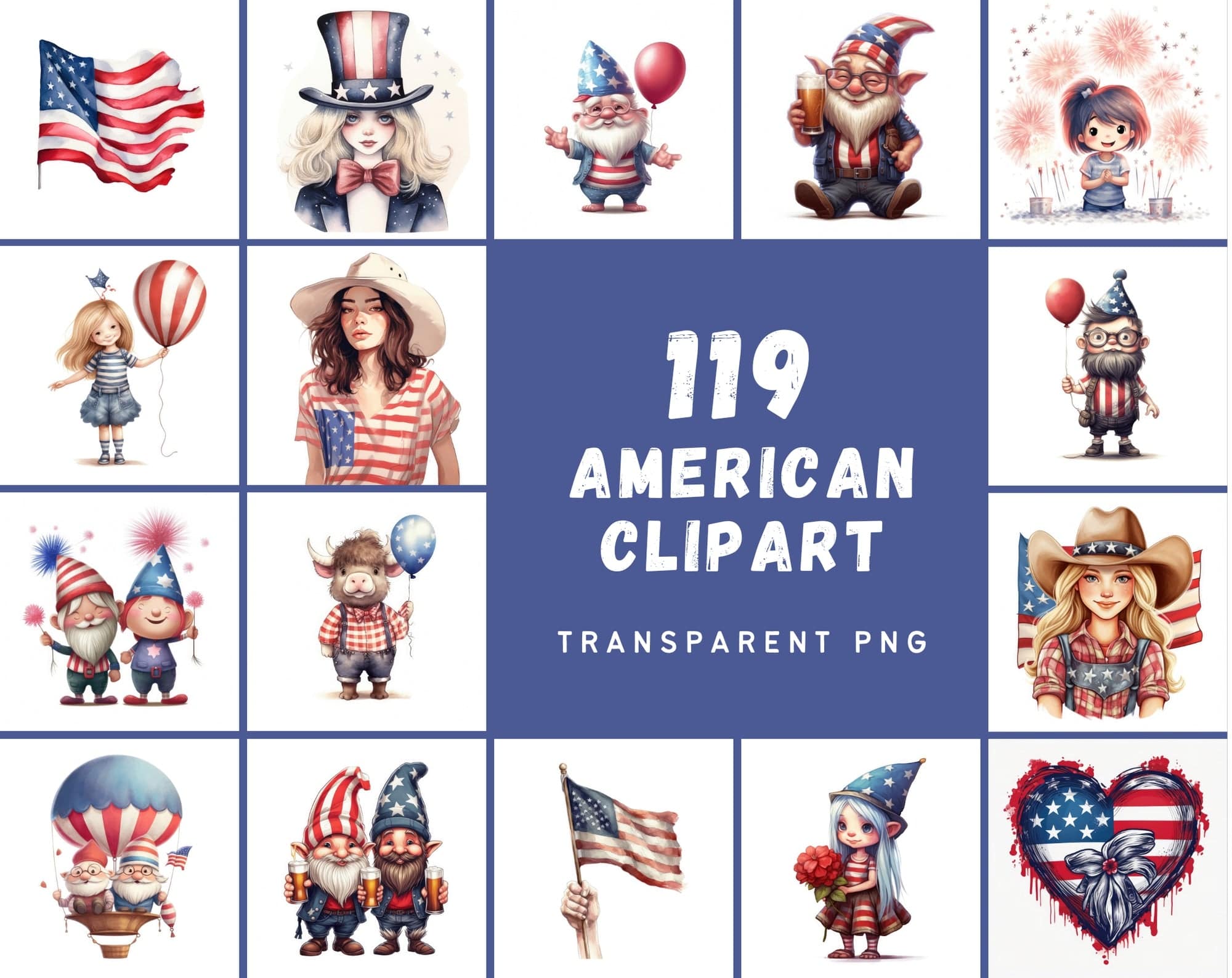 American-Themed Colorful Clipart PNGs Digital Download Sumobundle