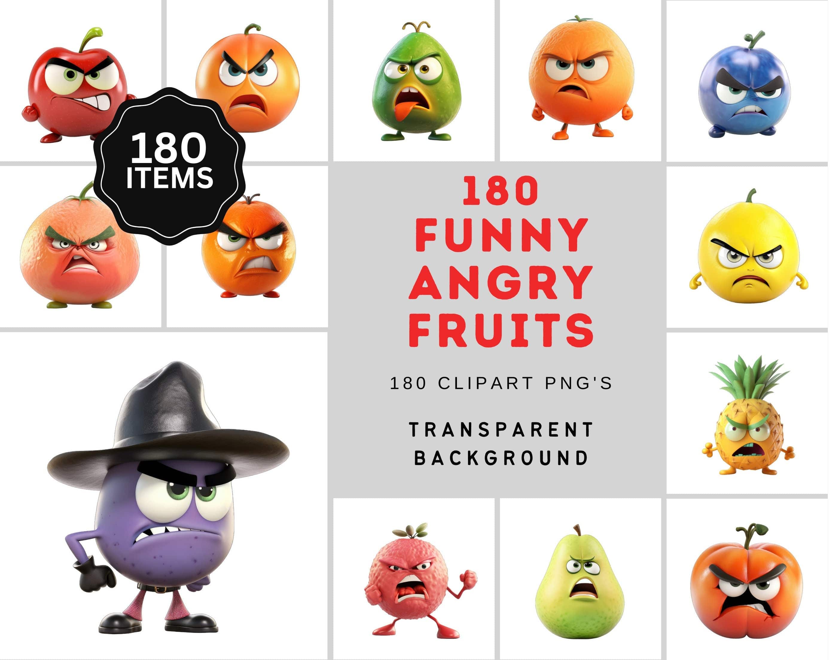 Angry Fruits Bundle - 180 Transparent PNG Images for Digital Design, Clip Art, Stickers, Commercial use, instant download, fruit sublimation Digital Download Sumobundle