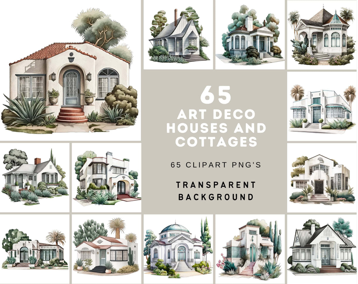 Art Deco House Bundle - 65 Vintage Home & Cottage Illustrations, Insta