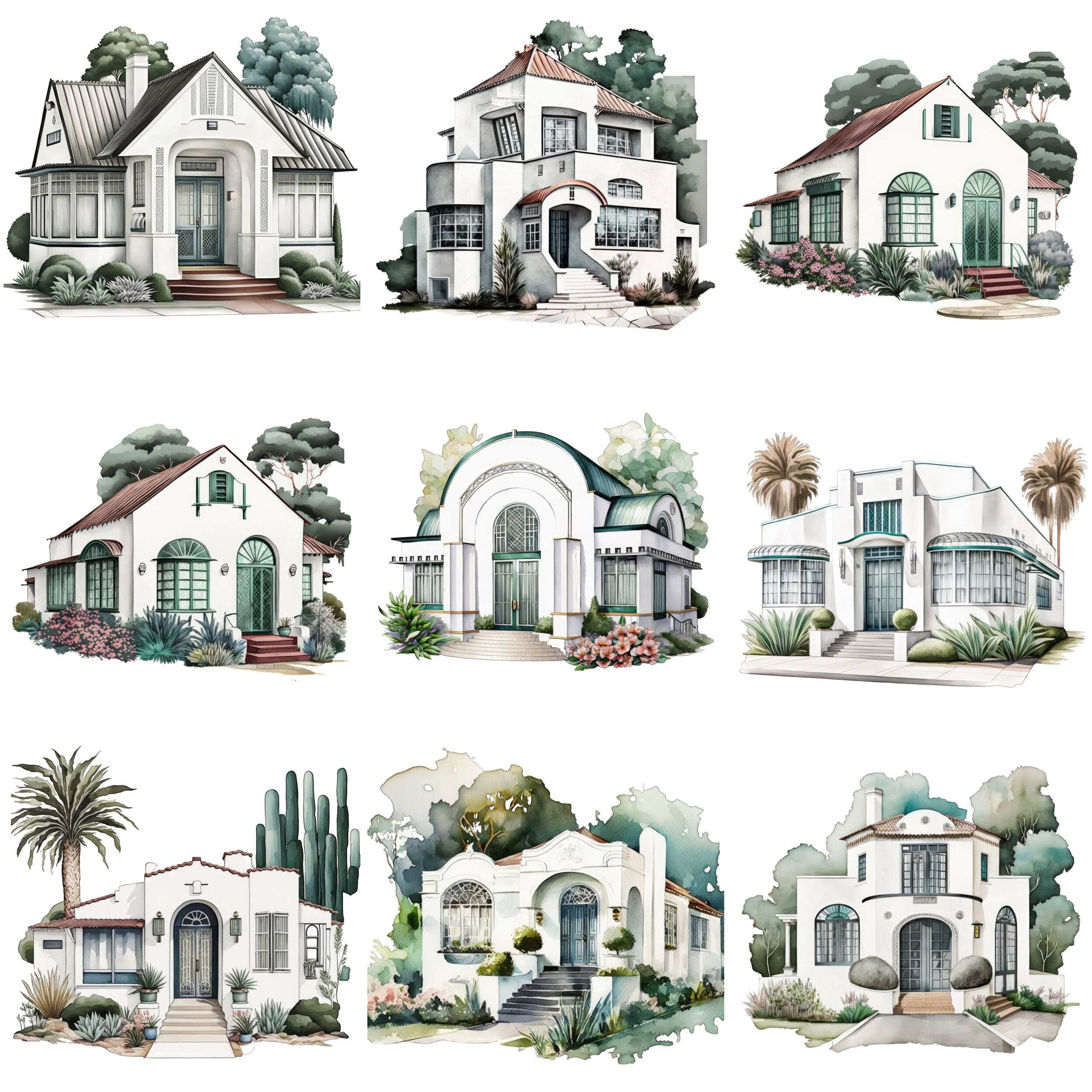 Art Deco House Bundle - 65 Vintage Home & Cottage Illustrations, Instant Download, Digital Prints, Architecture Wall Art Collection Digital Download Sumobundle