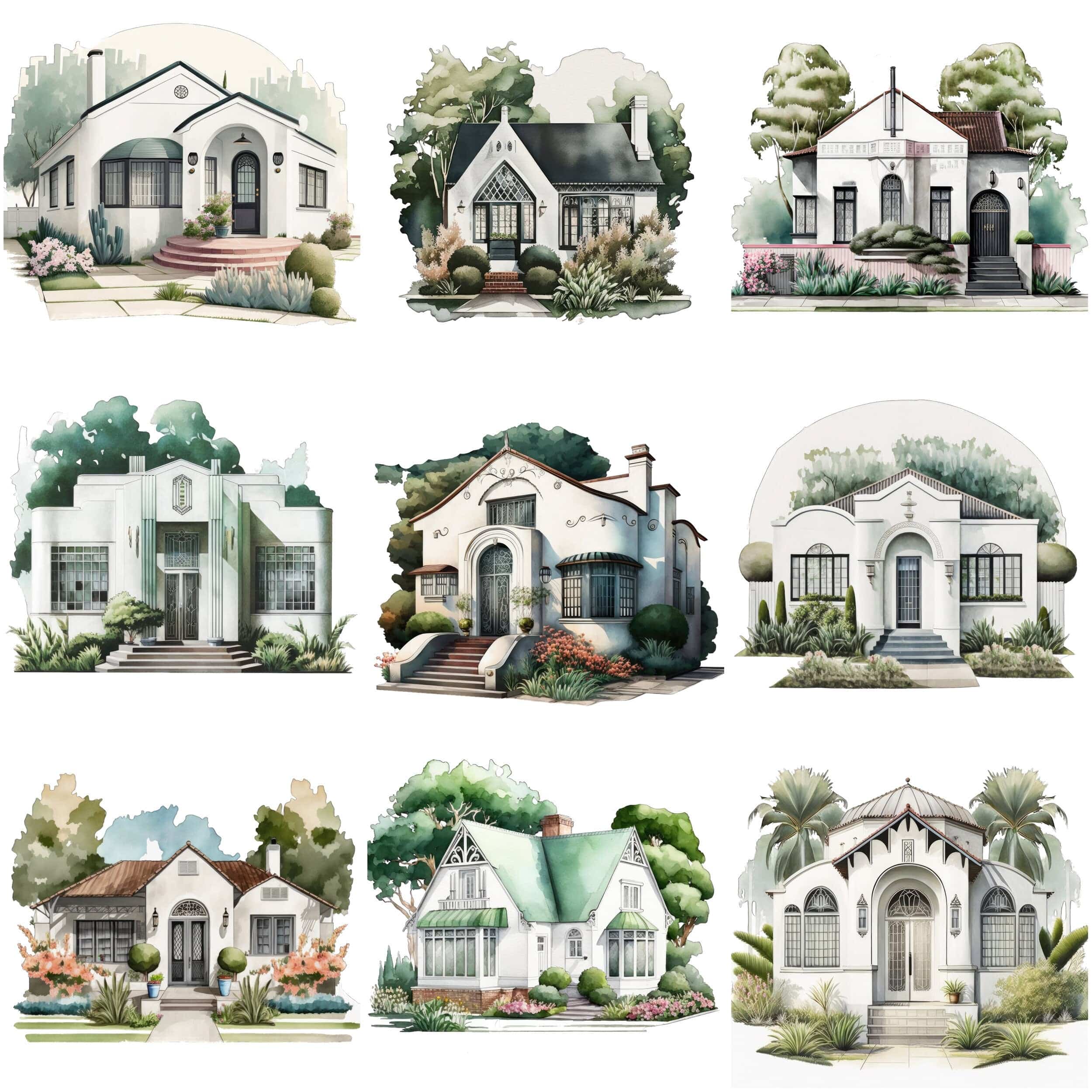Art Deco House Bundle - 65 Vintage Home & Cottage Illustrations, Instant Download, Digital Prints, Architecture Wall Art Collection Digital Download Sumobundle