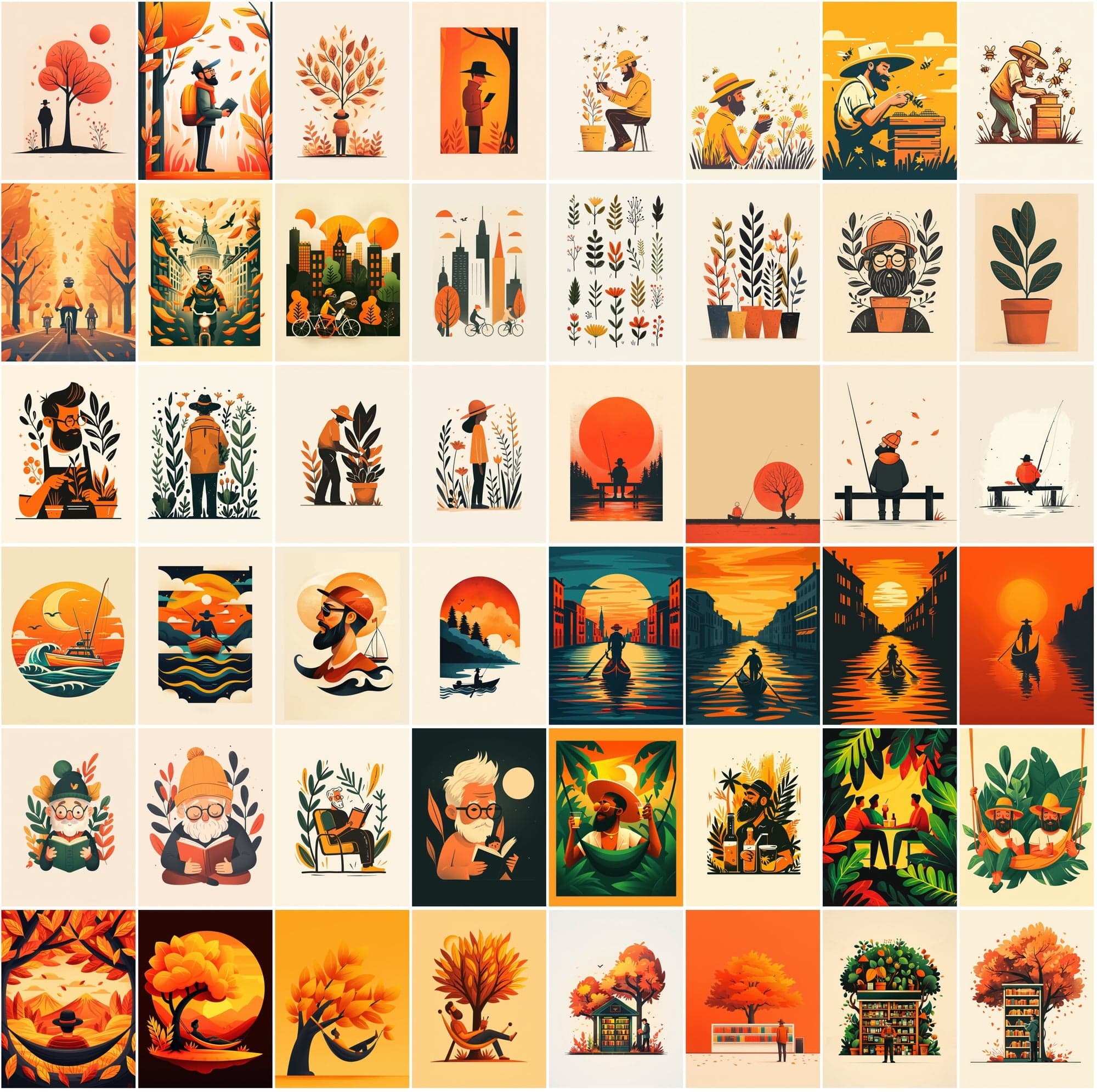 Autumn-Themed Flat Illustrations Pack – 600 Warm, Miniature-Style Images with Commercial License Digital Download Sumobundle