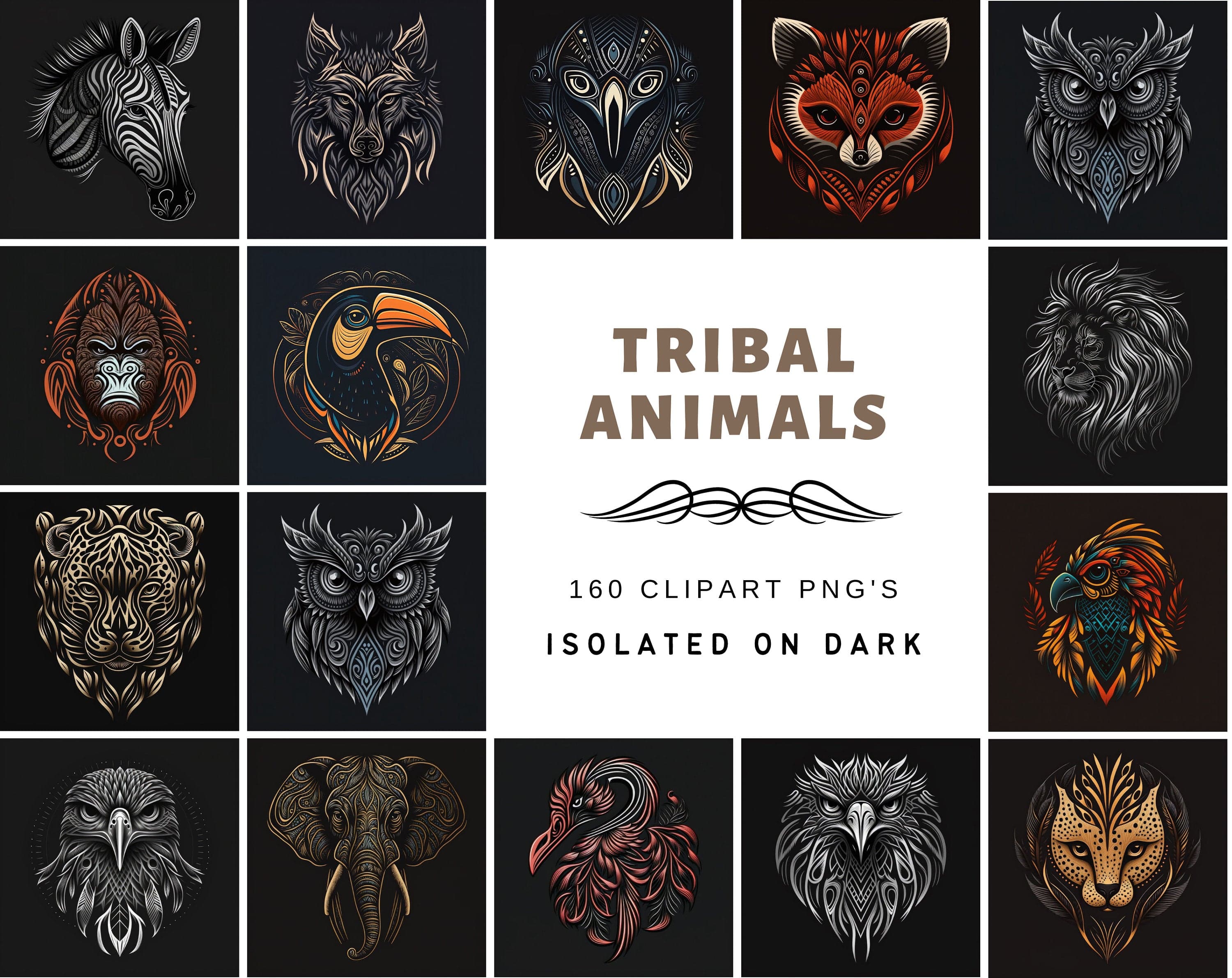 Bundle of 160 Tribal Animal Images in High Resolution PNG Format,Instant Digital Download for Scrapbooking, DIY Projects, and Commercial Use Digital Download Sumobundle