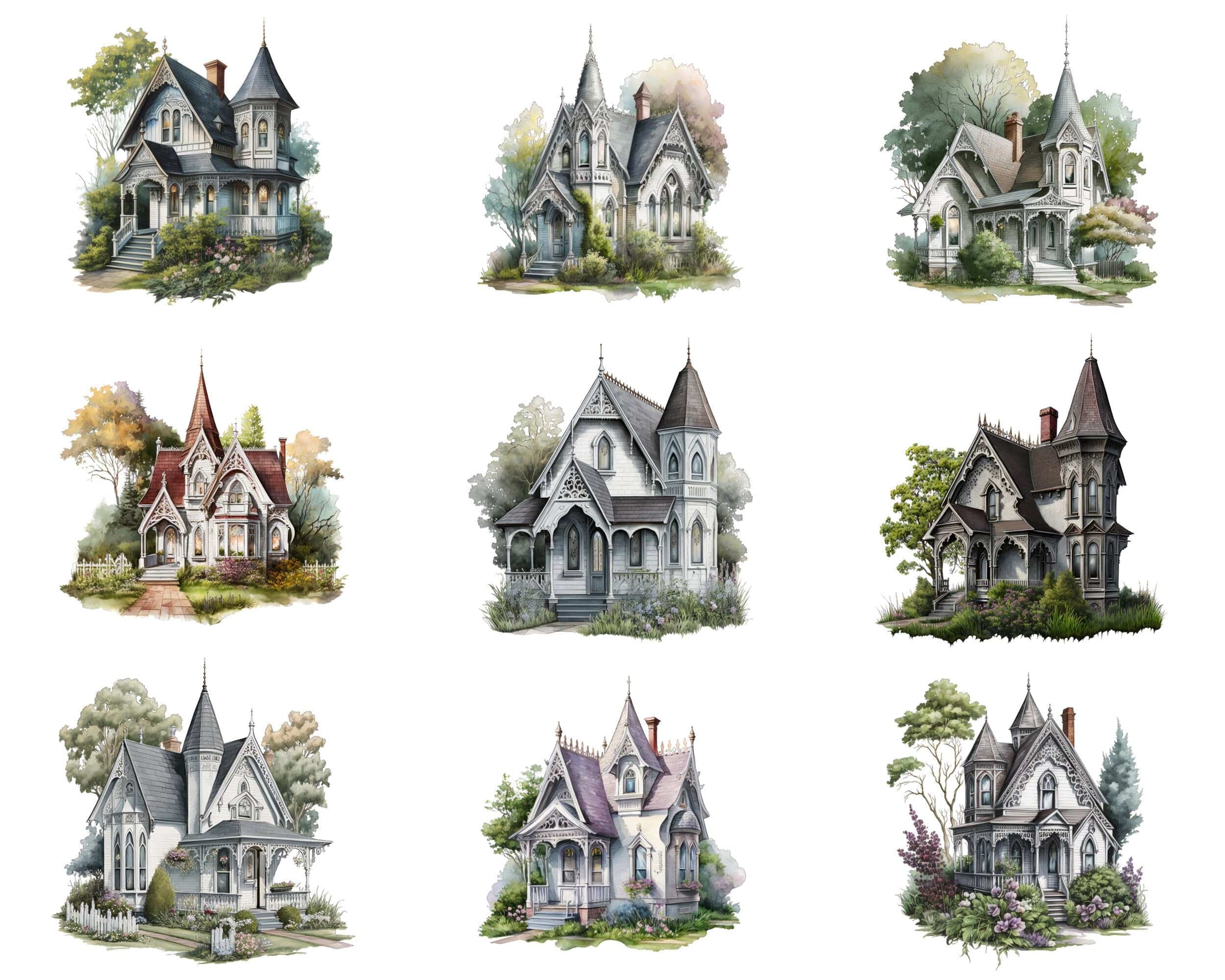 Bundle of 69 Gothic Houses and Cottages - Transparent Digital Images - Vintage-Inspired, Darkly Romantic PNG Clipart Collection for Crafting Digital Download Sumobundle