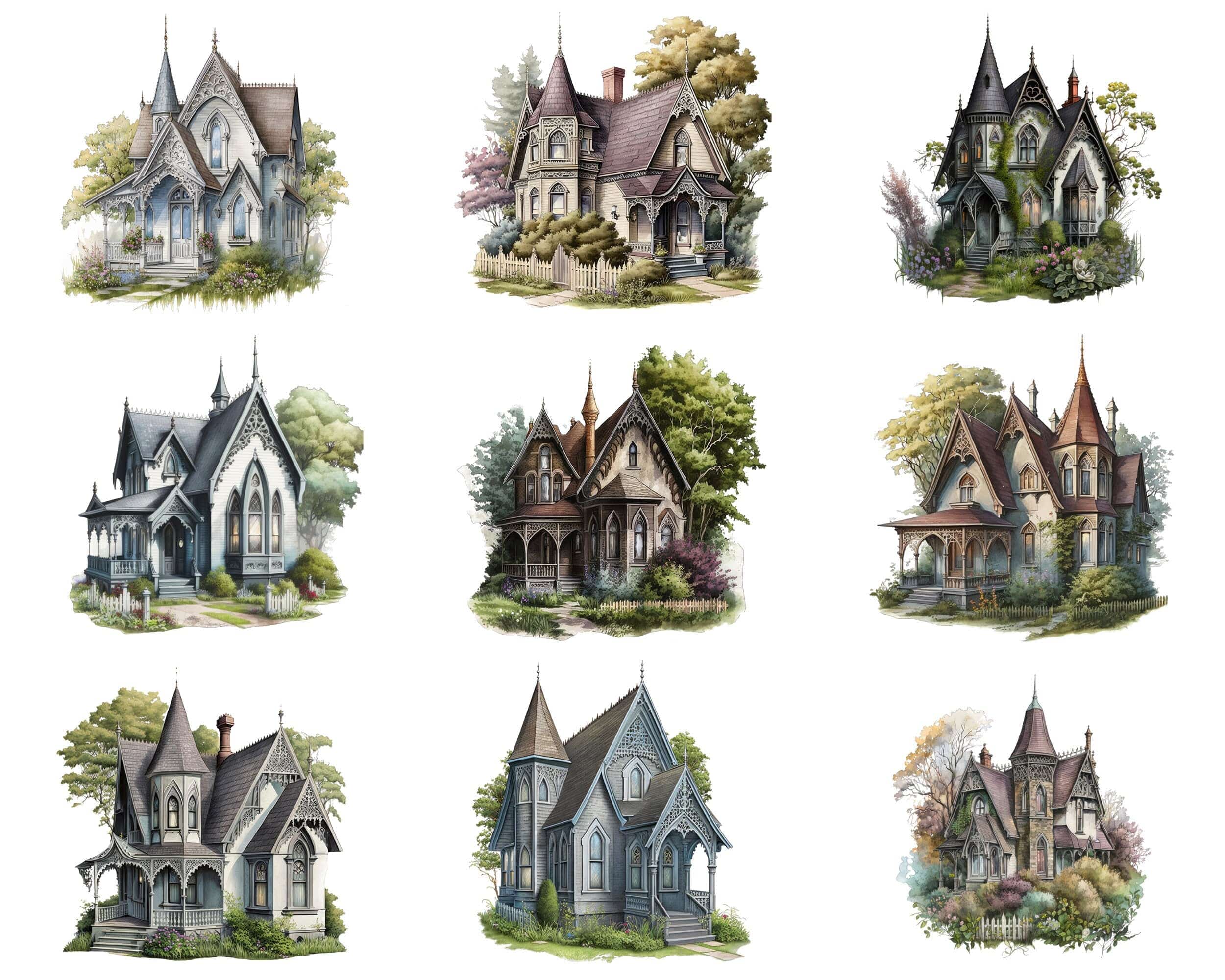 Bundle of 69 Gothic Houses and Cottages - Transparent Digital Images - Vintage-Inspired, Darkly Romantic PNG Clipart Collection for Crafting Digital Download Sumobundle