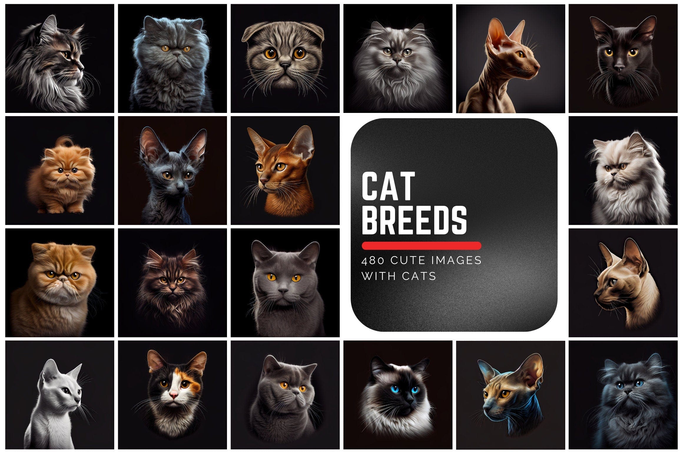 Cat Breeds Around the World, 480 Cat Breed Images with Commercial License, Cat clipart with different breeds isolated on black bakground Digital Download Sumobundle