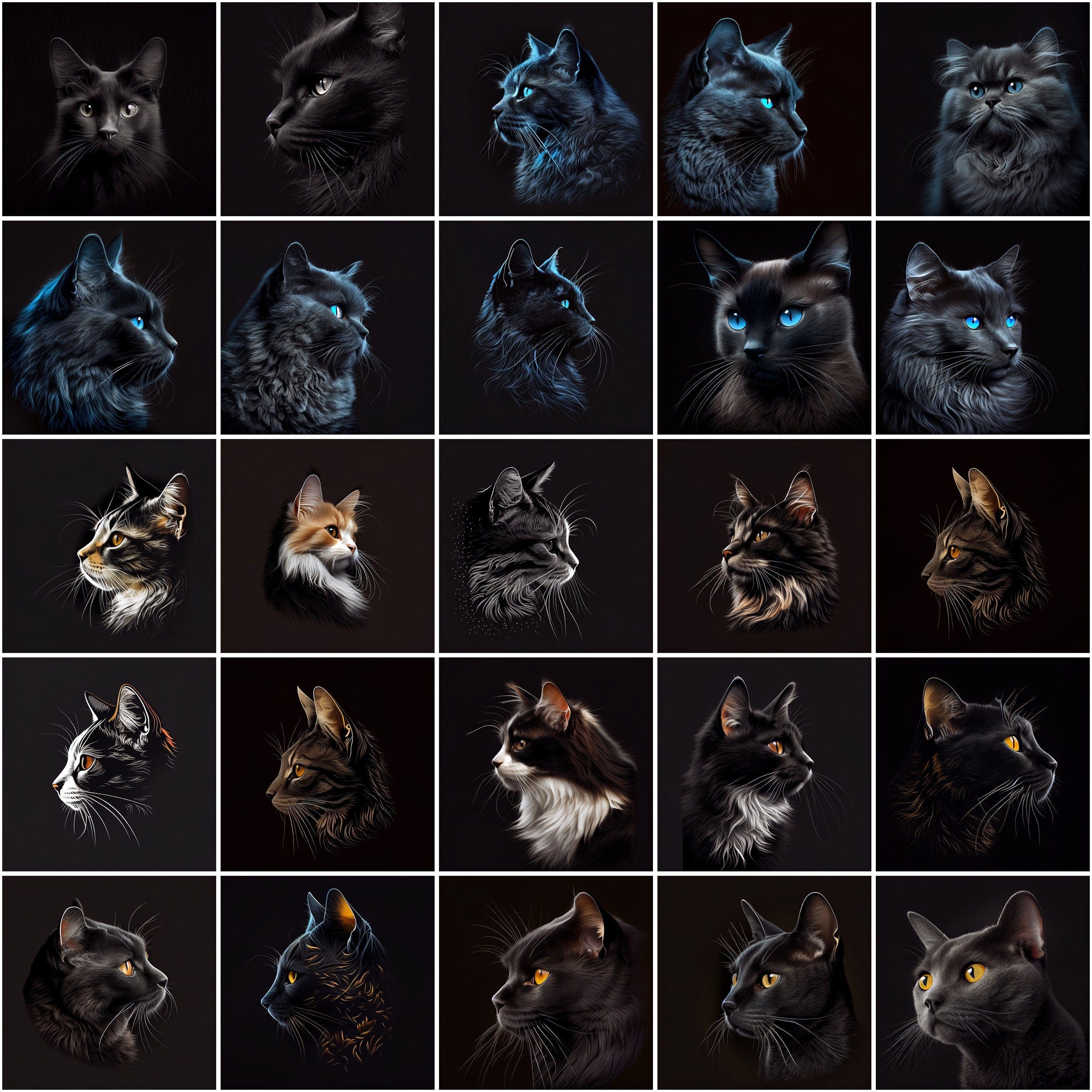 Cat Breeds Around the World, 480 Cat Breed Images with Commercial License, Cat clipart with different breeds isolated on black bakground Digital Download Sumobundle