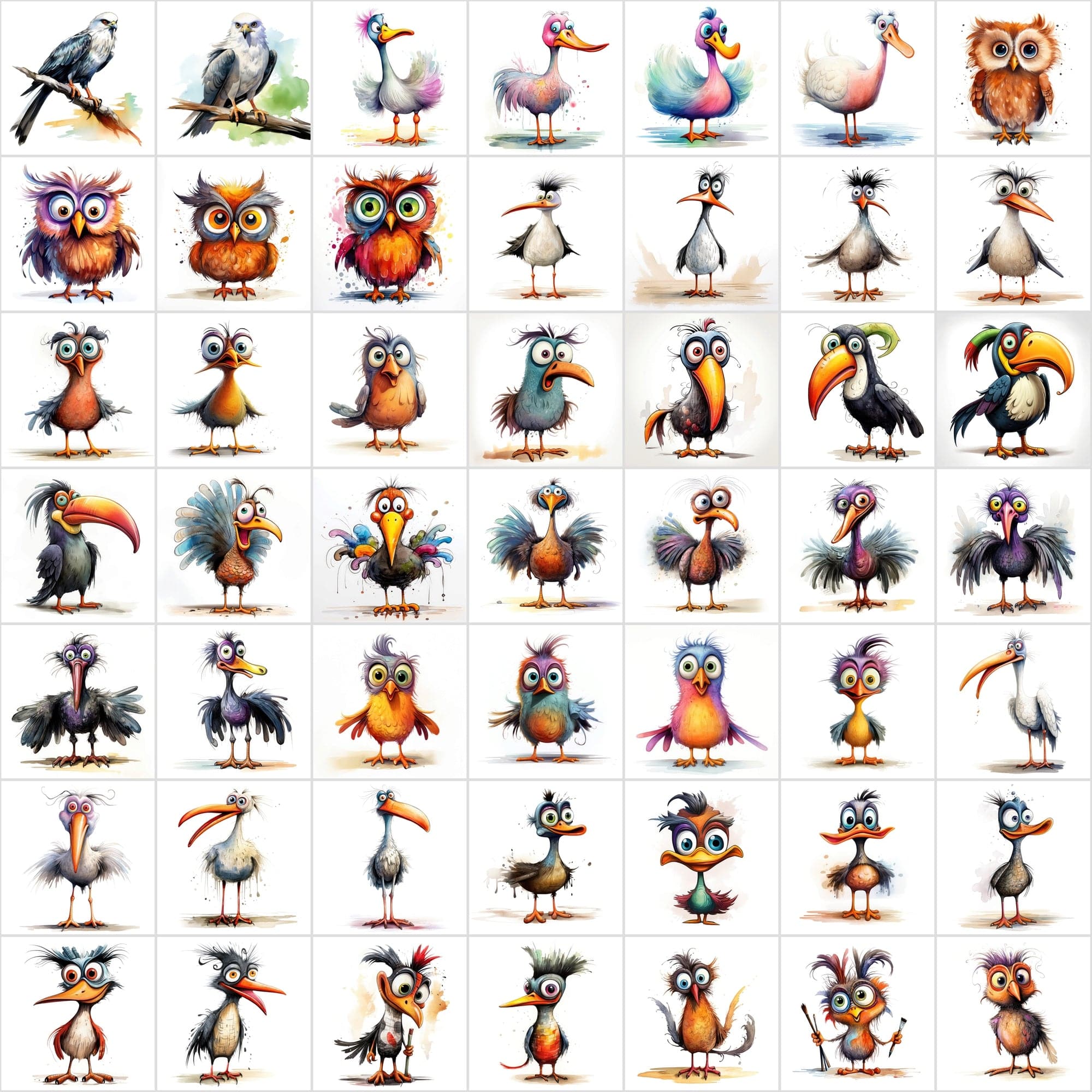 Colorful Birds with Big Eyes: 590 JPG & PNG Images – Funny Look Digital Download Sumobundle