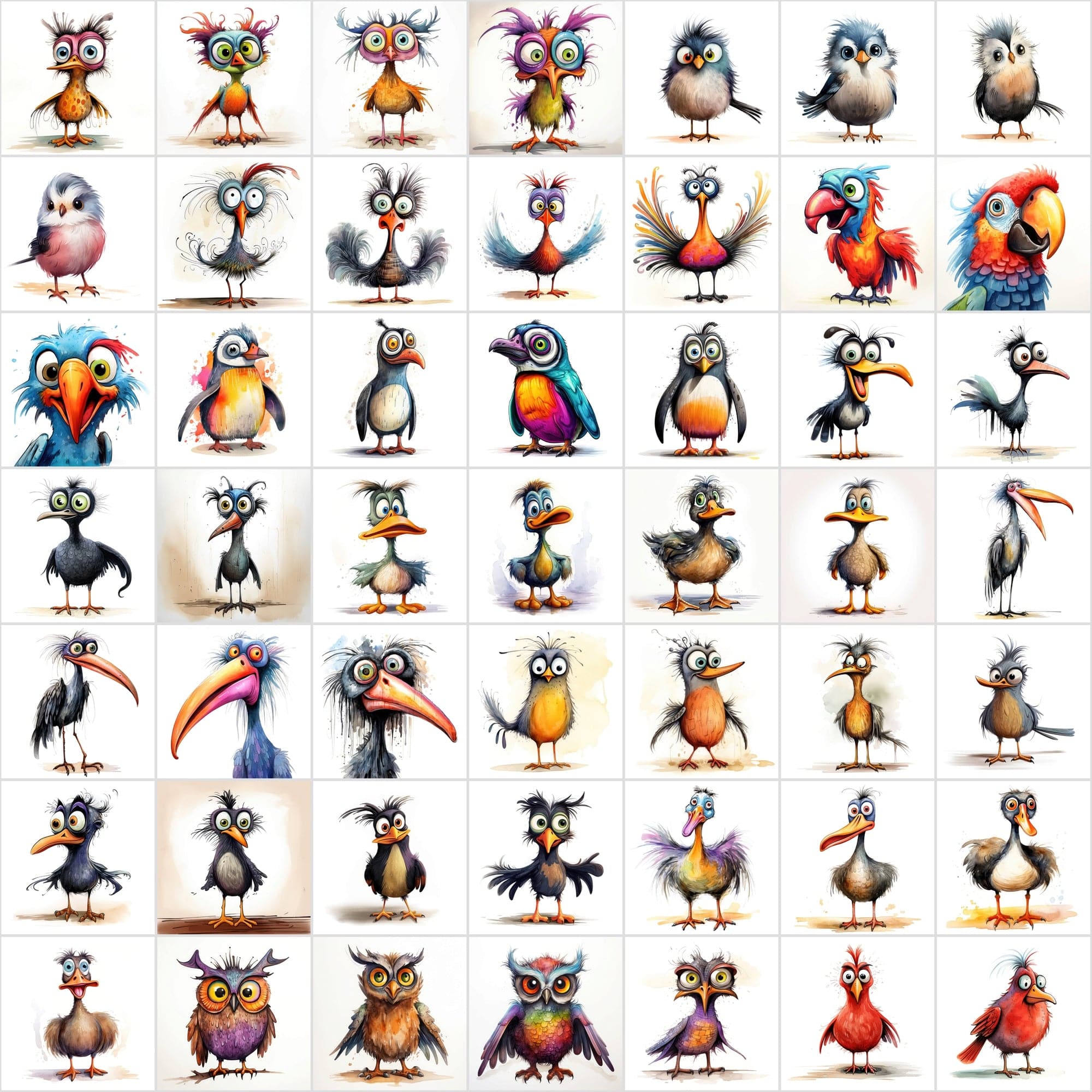 Colorful Birds with Big Eyes: 590 JPG & PNG Images – Funny Look Digital Download Sumobundle