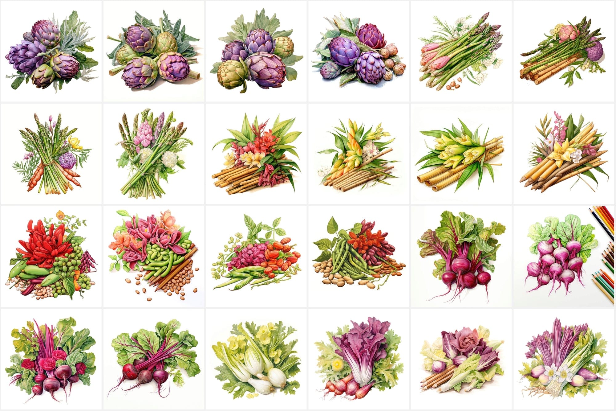 Colorful Vegetable Images with Flowers & Leaves - High Resolution PNG Files with Commercial License Digital Download Sumobundle