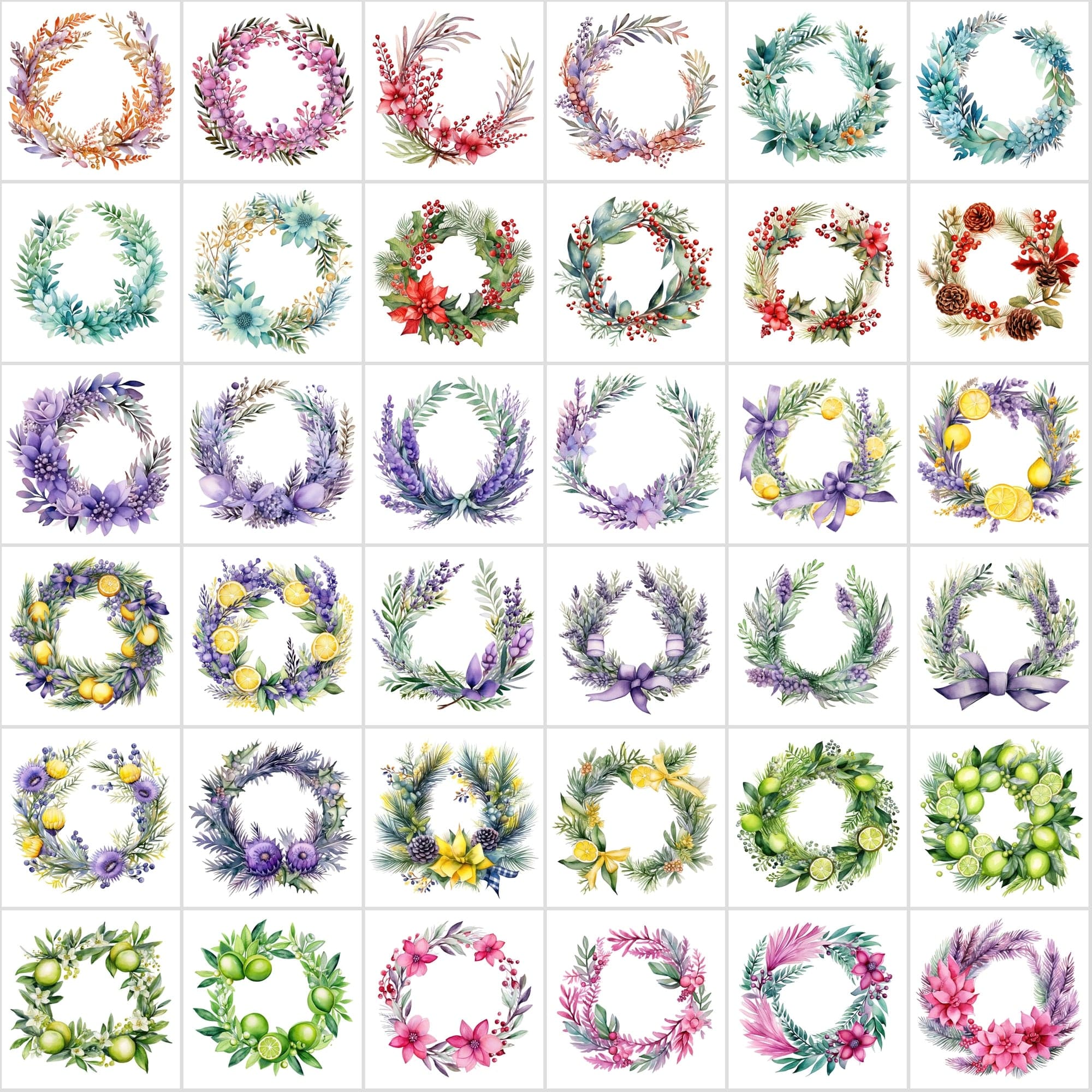 Colorful Watercolor Floral Wreaths, High-Resolution Digital Art, PNG & JPG, Commercial License, Vibrant & Versatile Palette Digital Download Sumobundle