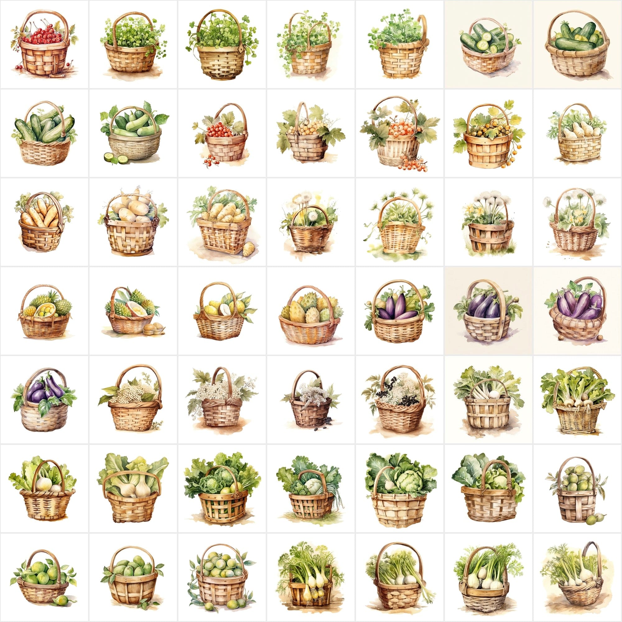 Cottagecore Fruit & Veggie Watercolor Images - Set of 550 images with Transparent Background Digital Download Sumobundle