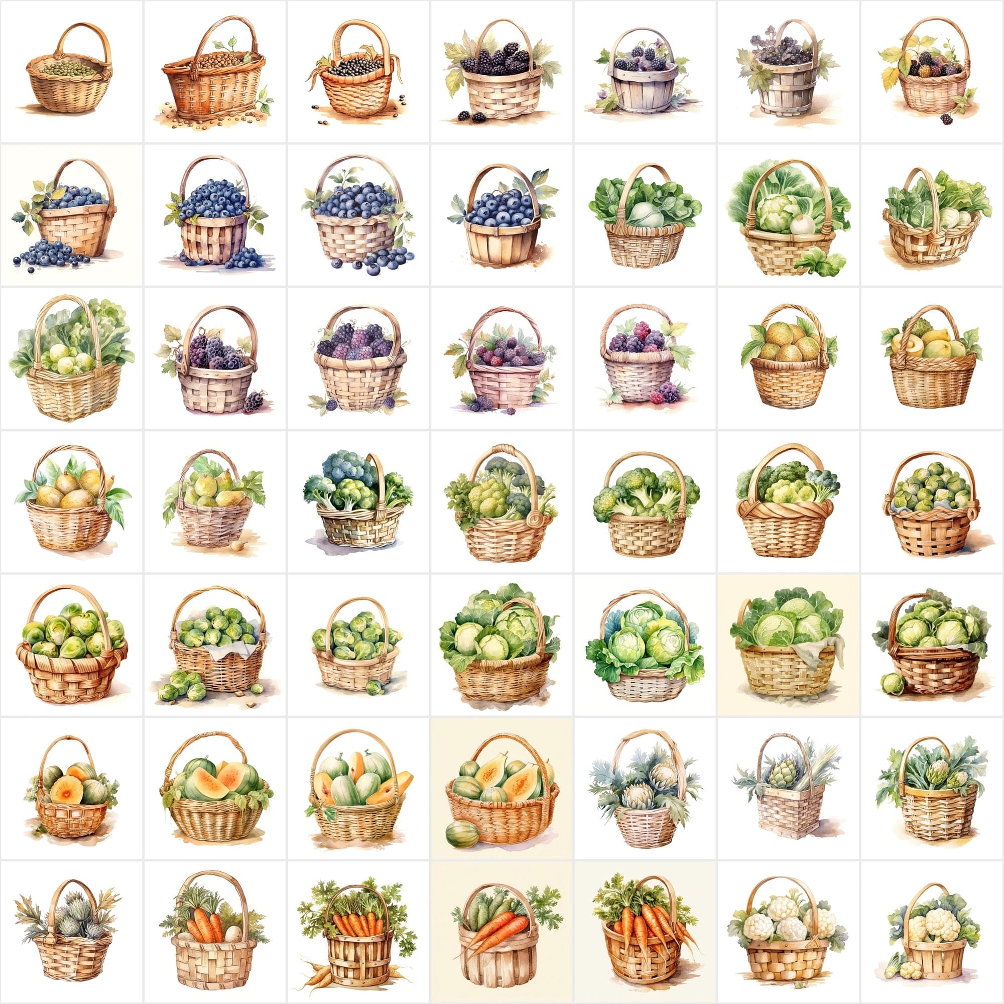 Cottagecore Fruit & Veggie Watercolor Images - Set of 550 images with Transparent Background Digital Download Sumobundle